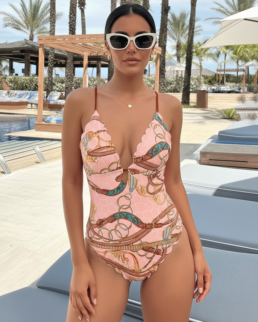V Neck Lace Printed Swimsuit Set(s)