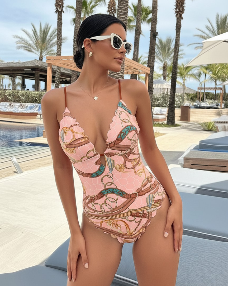V Neck Lace Printed Swimsuit Set(s)