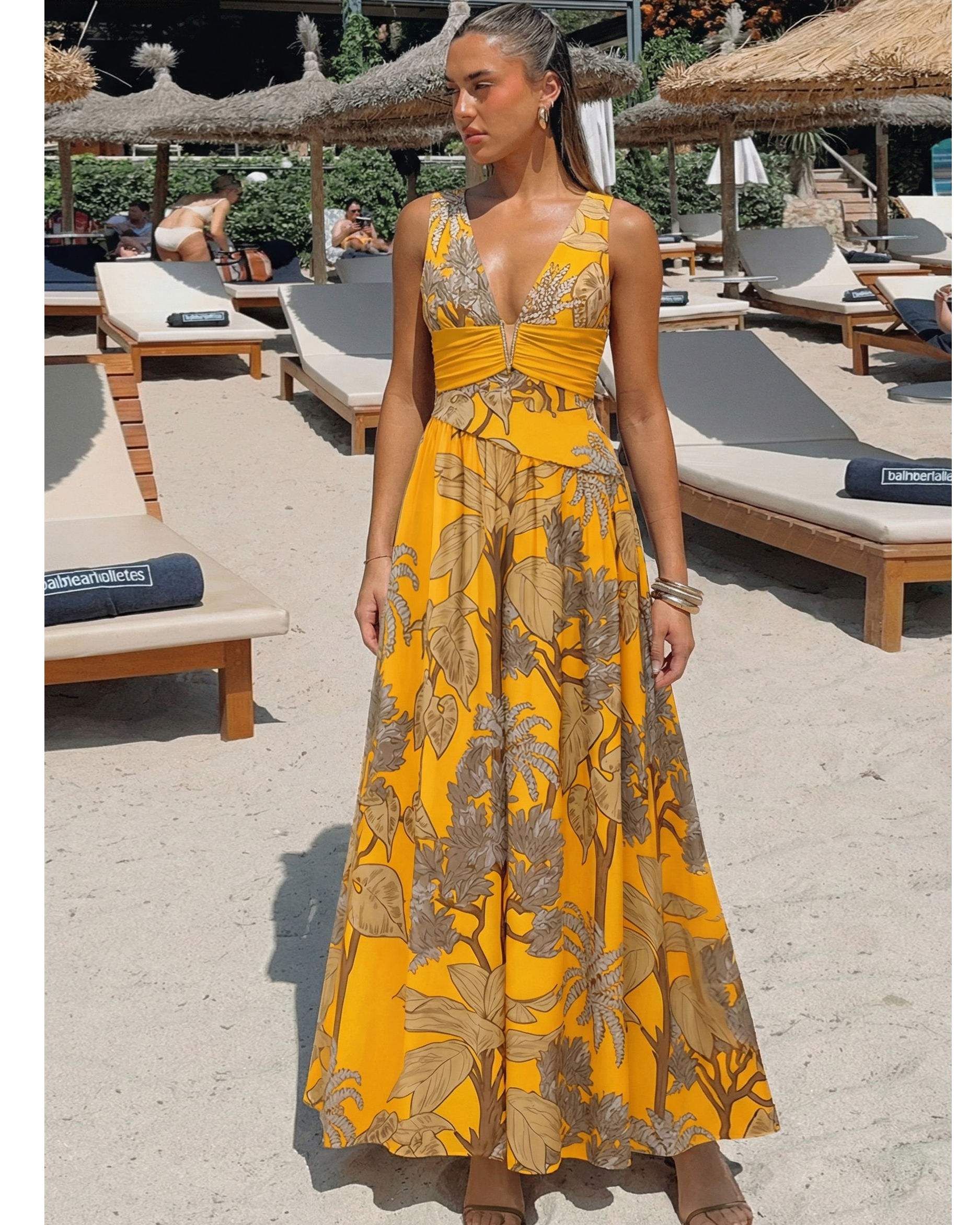 V Neck Yellow Plant Print Swimsuit Set(s)