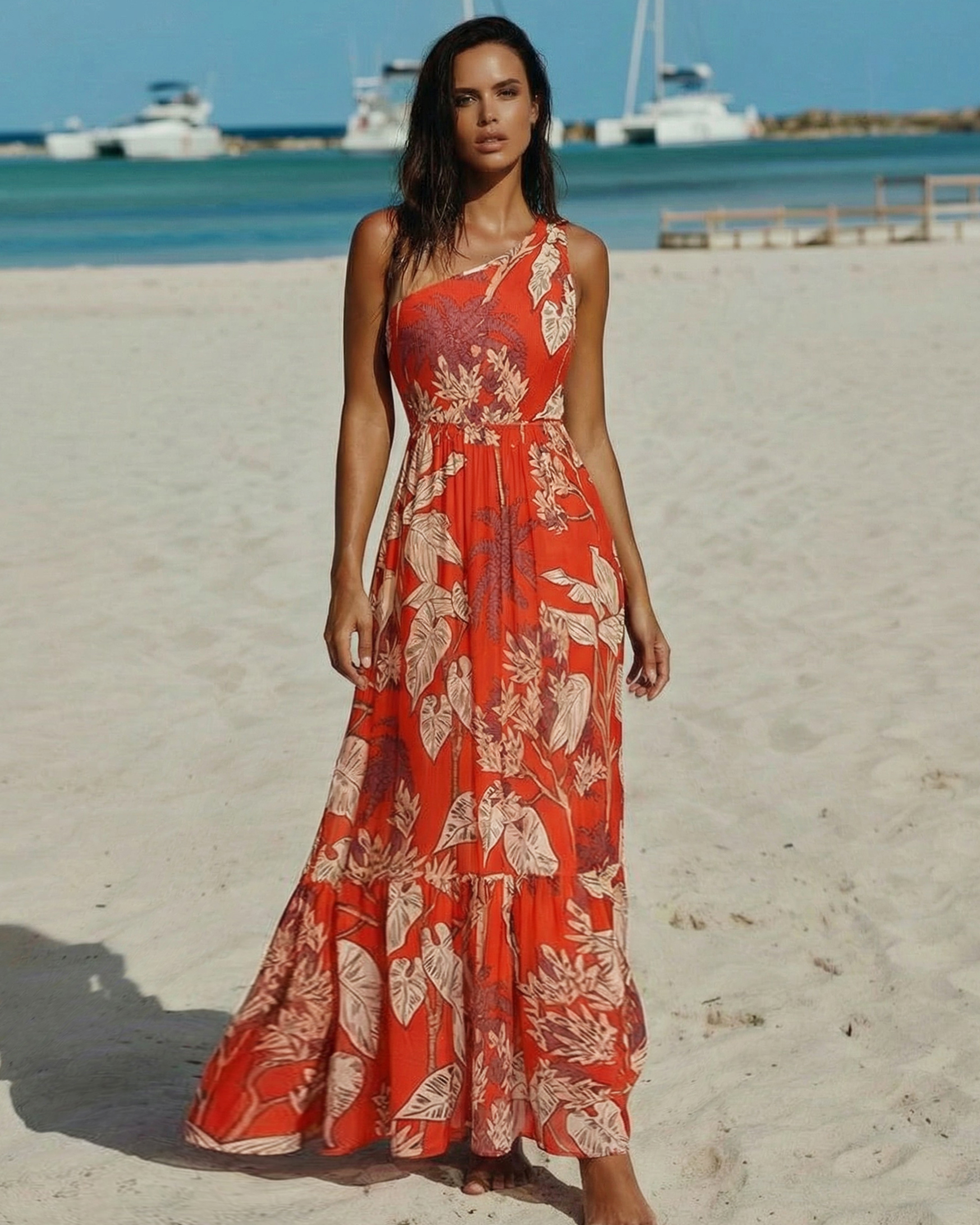 One Shoulder Red Plant Print Swimsuit Set(s)