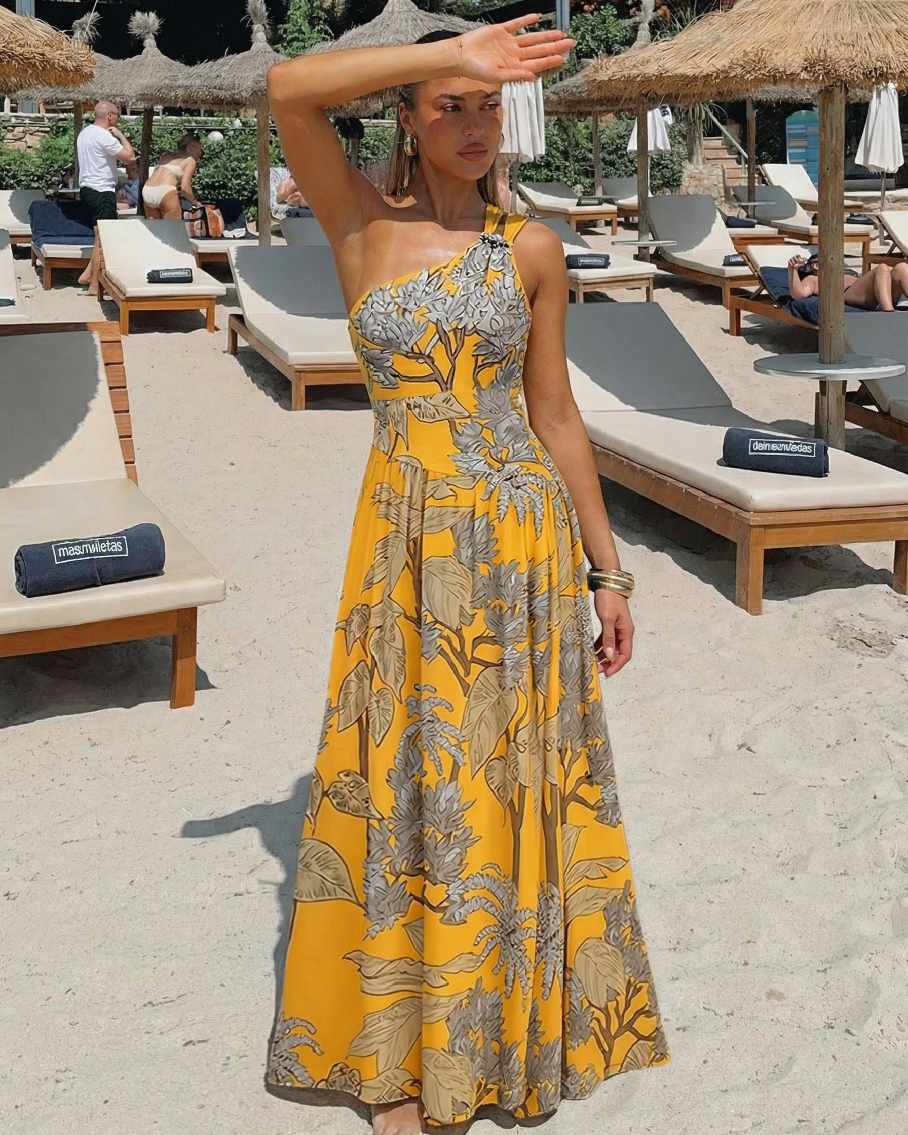One Shoulder Yellow Printed Swimsuit Set(s)