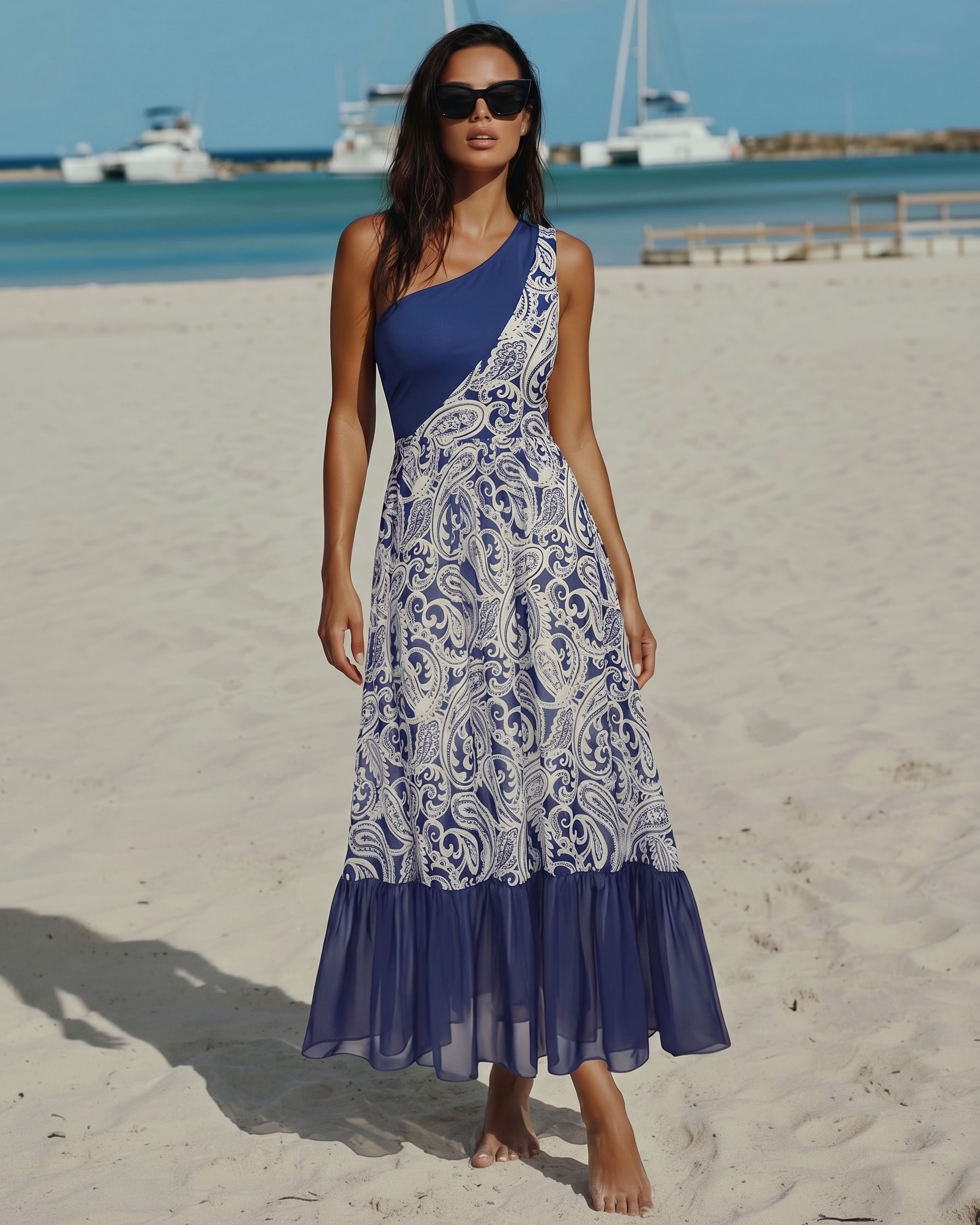 One Shoulder Blue Color Block Paisley Print Swimsuit Set(s)