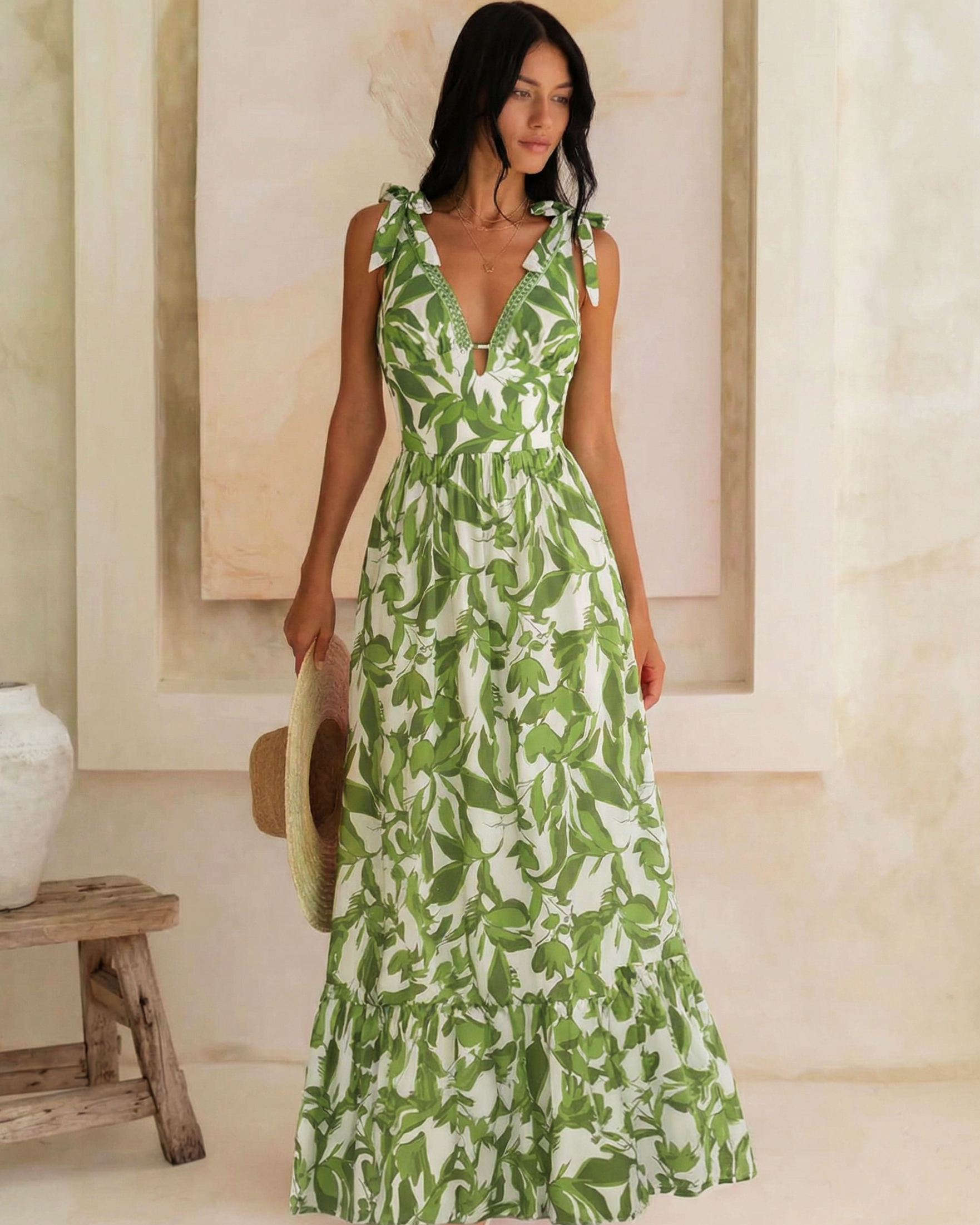 Tie Shoulder Green Leaves Print Swimsuit Set(s)