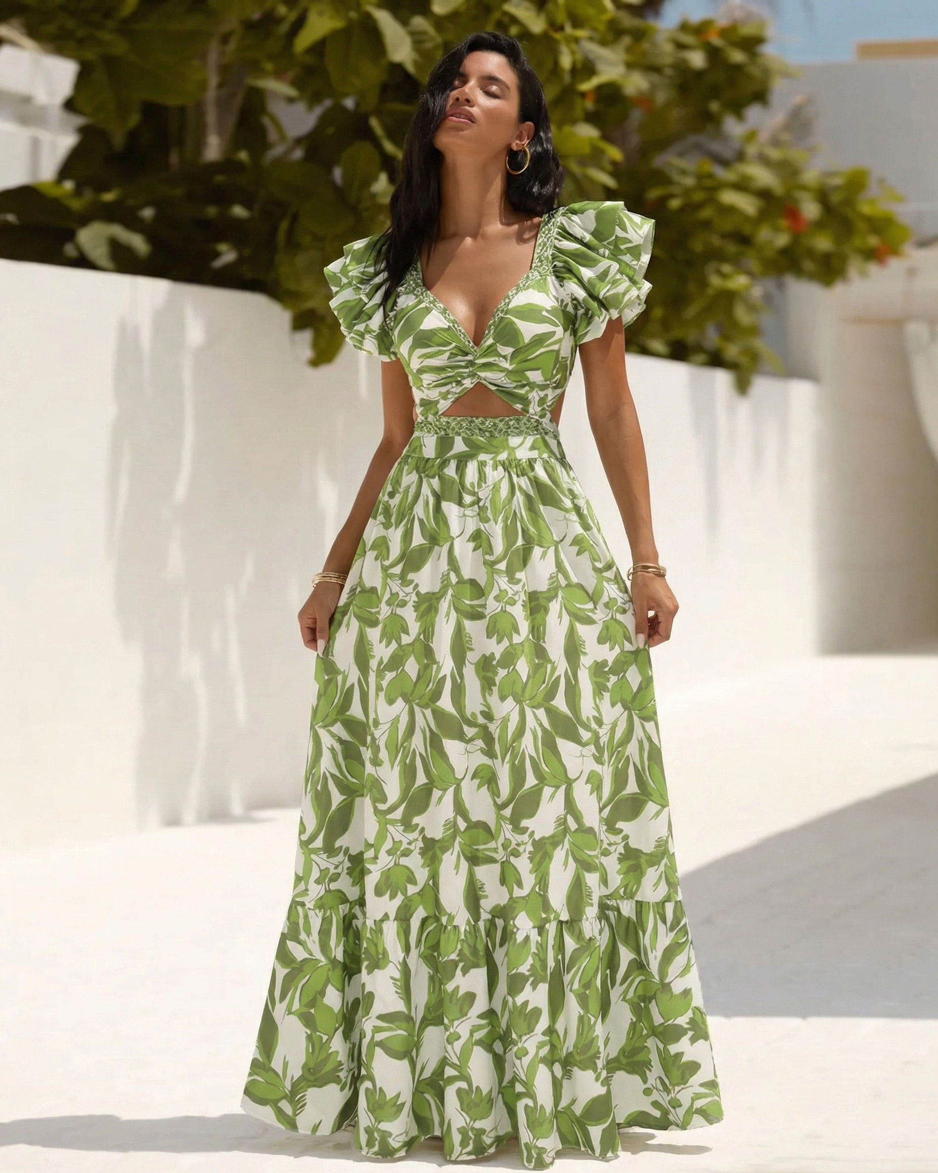 Ruffle V Neck Green Print Cut Out Swimsuit Set(s)