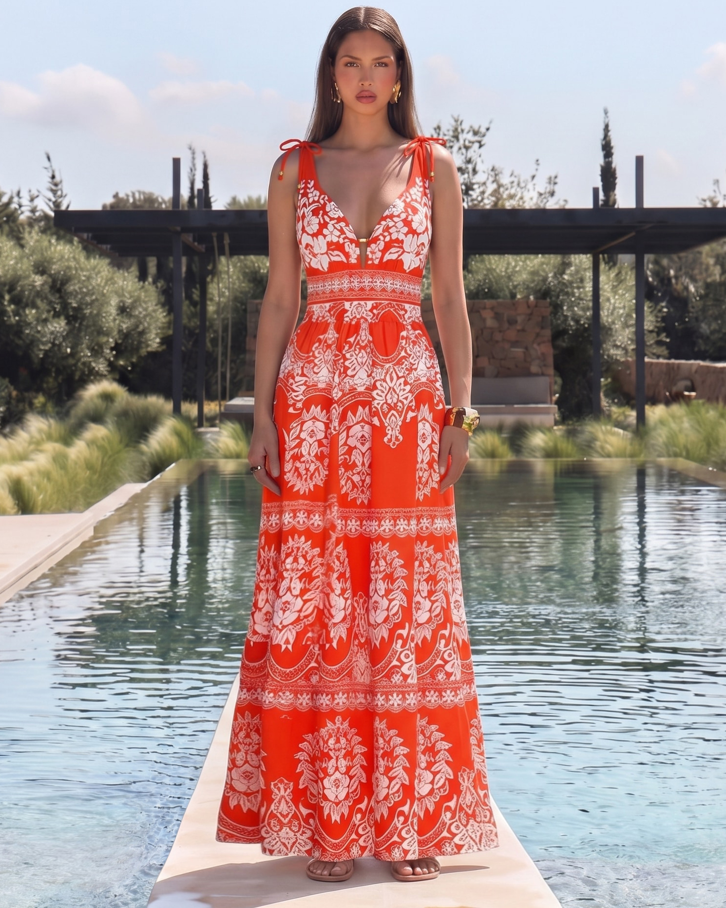 V Neck Bow-detailed Red Printed Swimsuit Set(s)