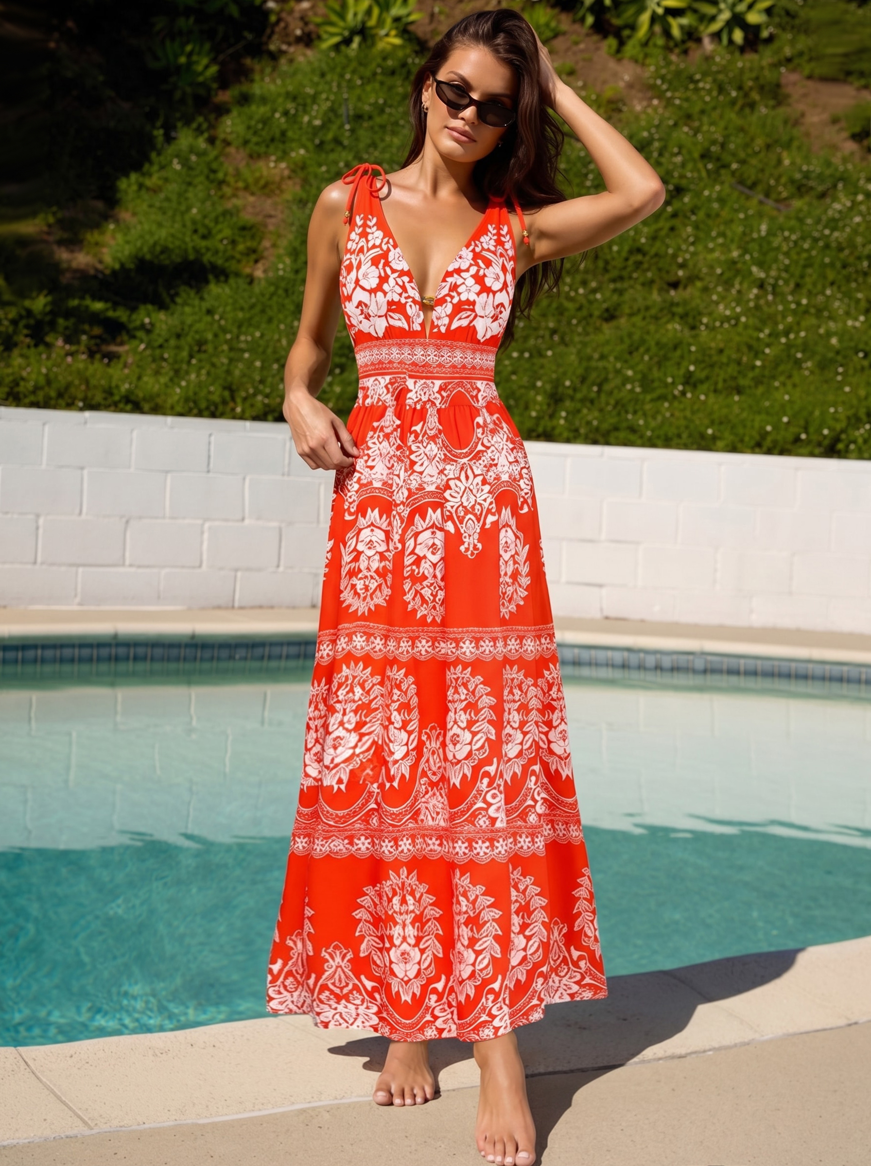 V Neck Bow-detailed Red Printed Swimsuit Set(s)