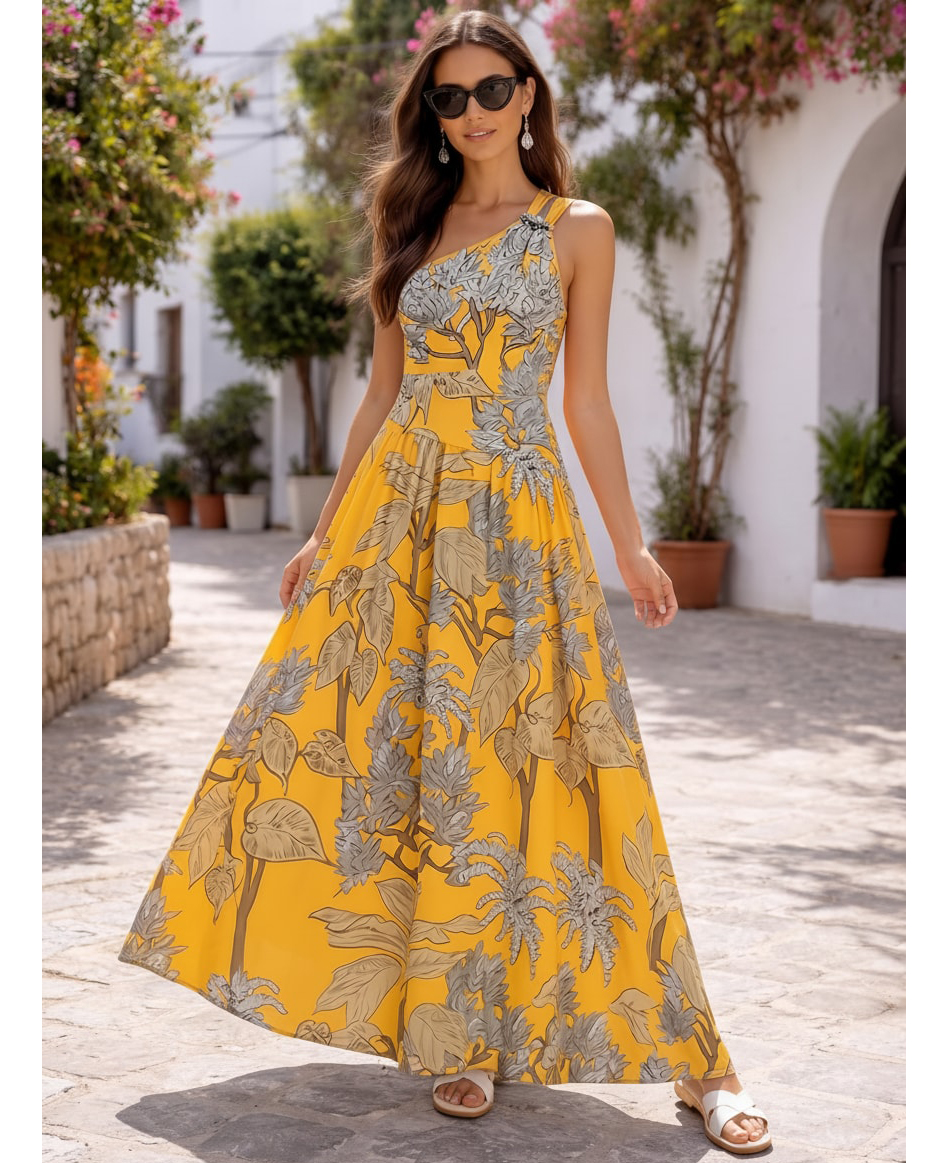 One Shoulder Yellow Printed Swimsuit Set(s)