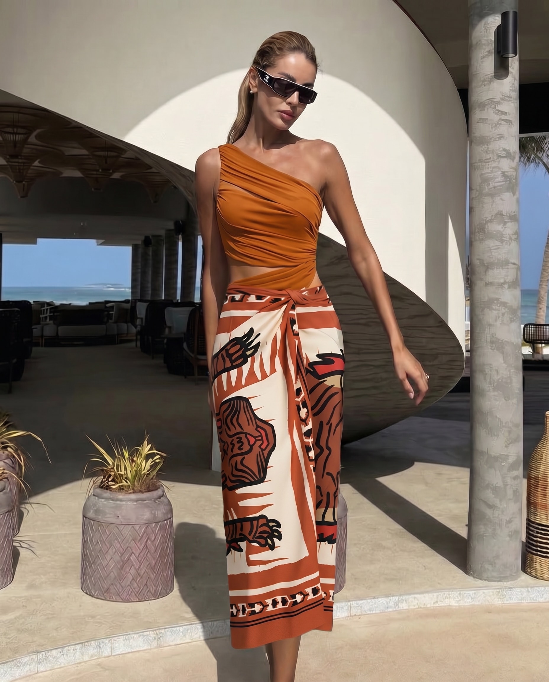 One Shoulder Ruched Rust See Through One Piece Swimsuit and Sarong