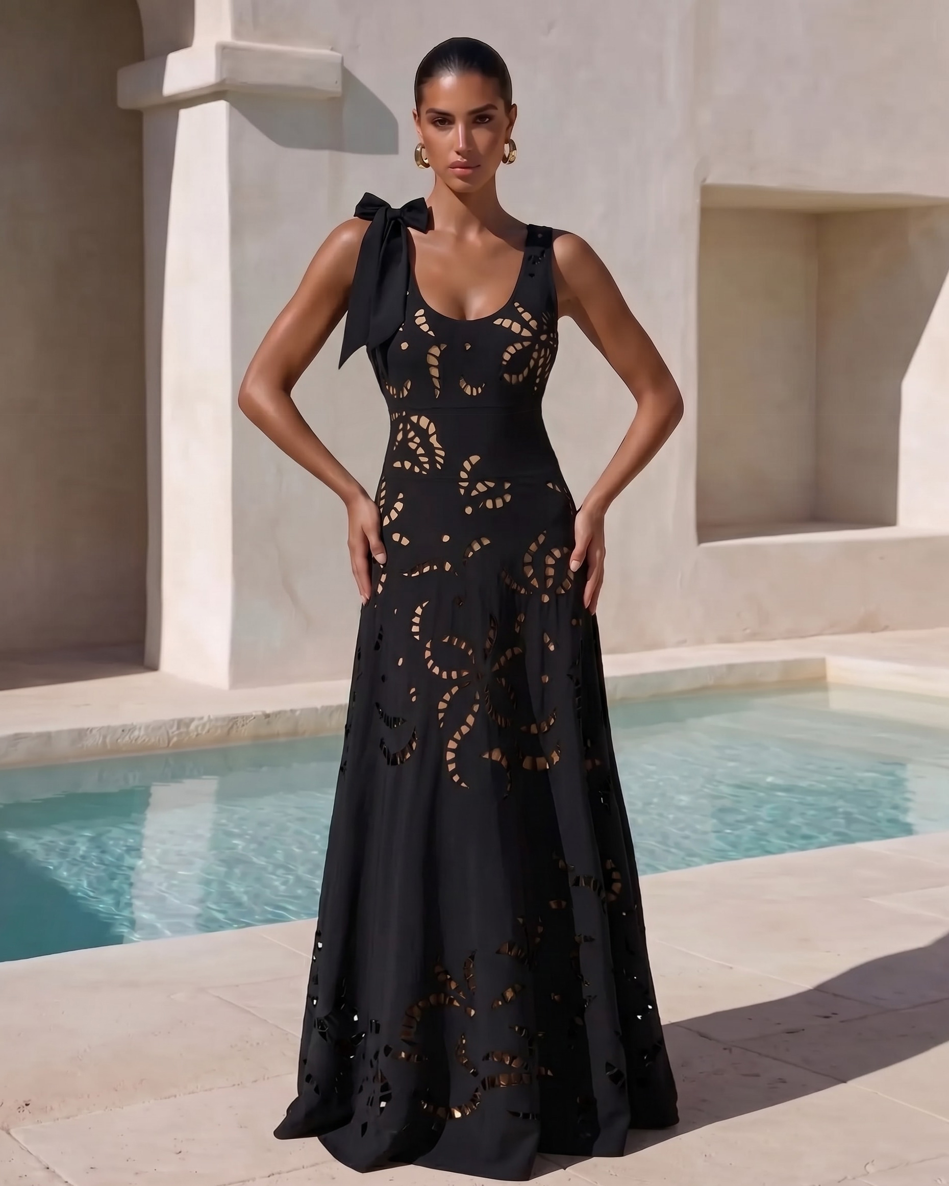 Bow-detailed Black Laser Cutting Flower Swimsuit Set(s)