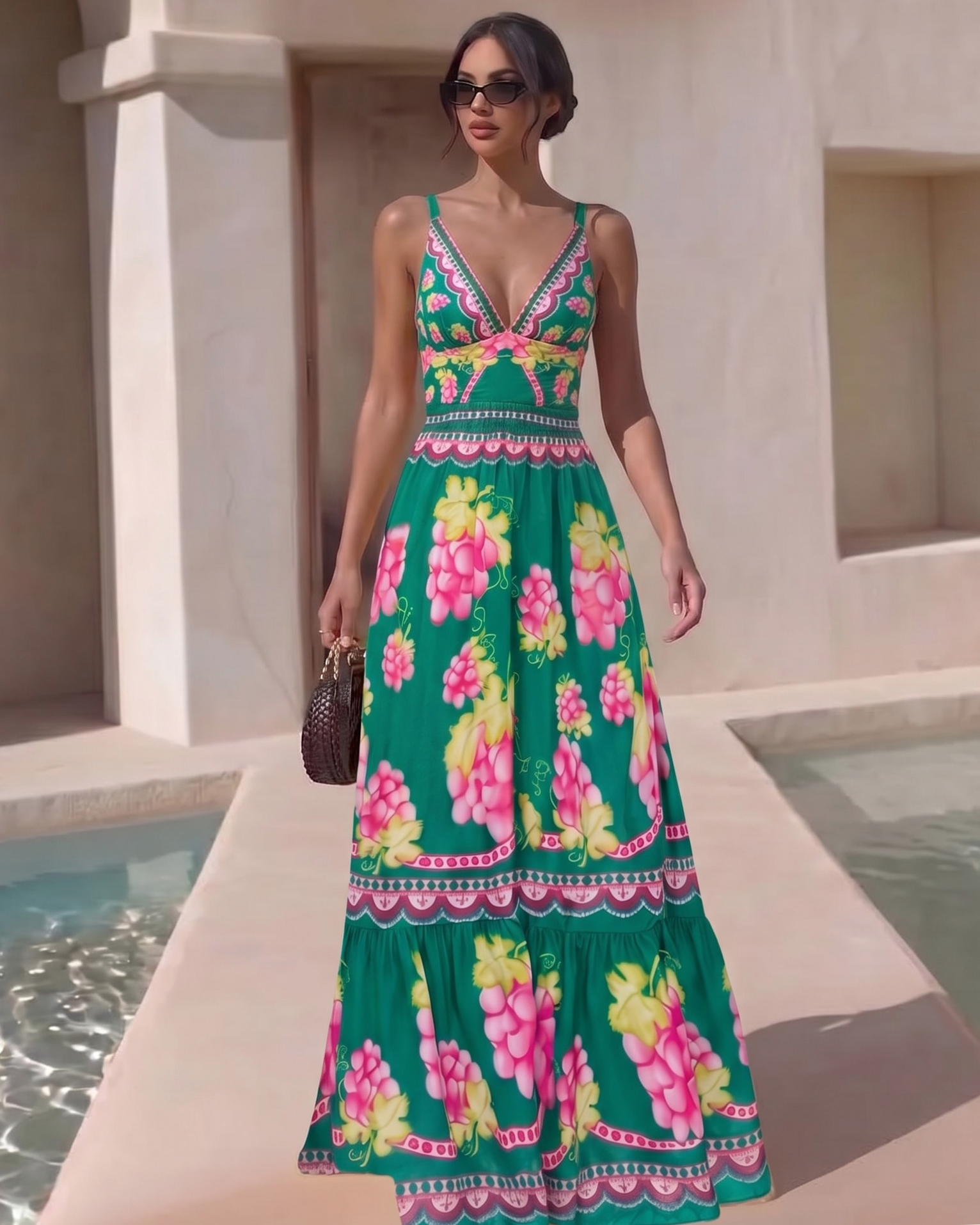 Deep V Retro Green Grapes Print One Piece Swimsuit and Skirt
