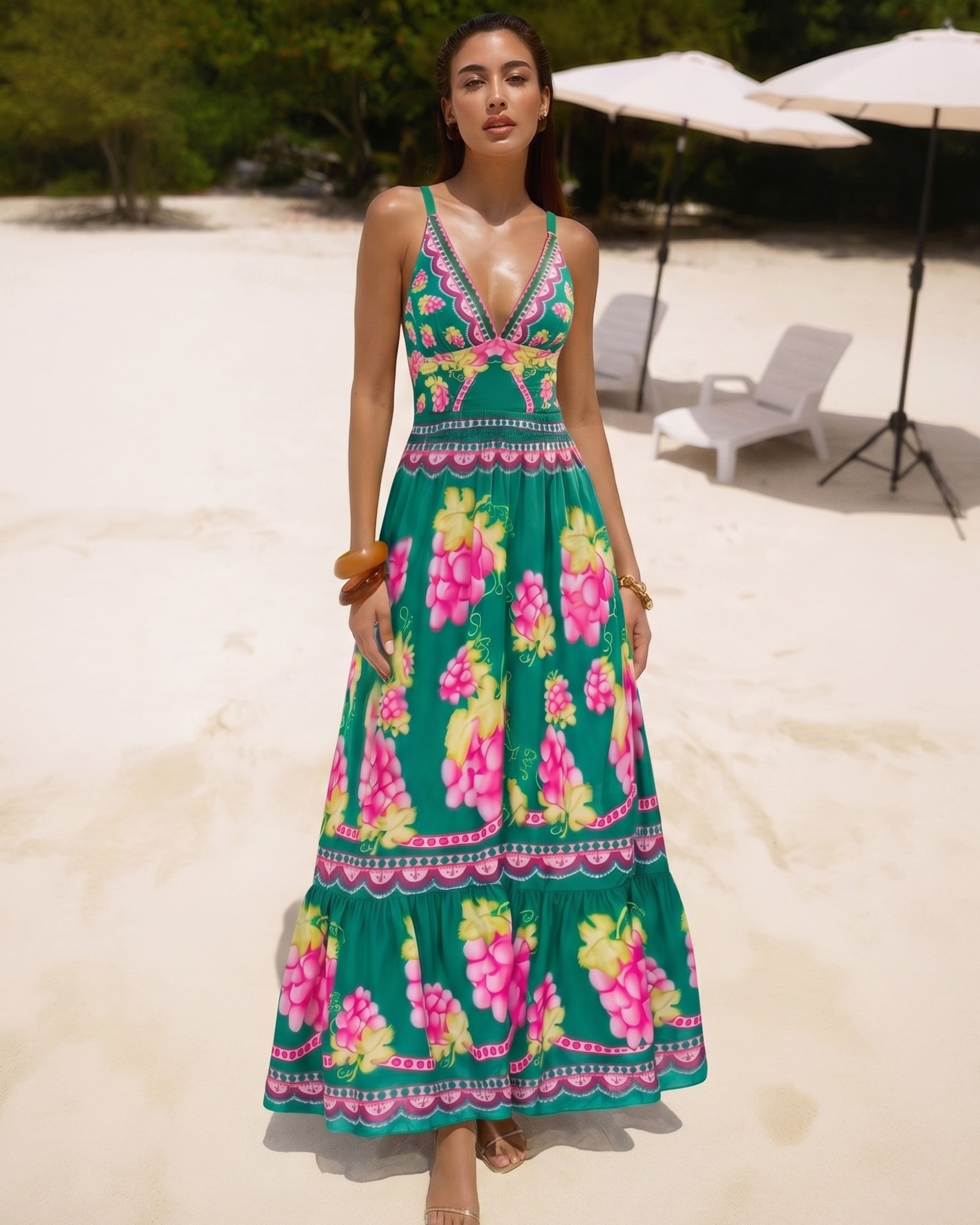 Deep V Retro Green Grapes Print One Piece Swimsuit and Skirt