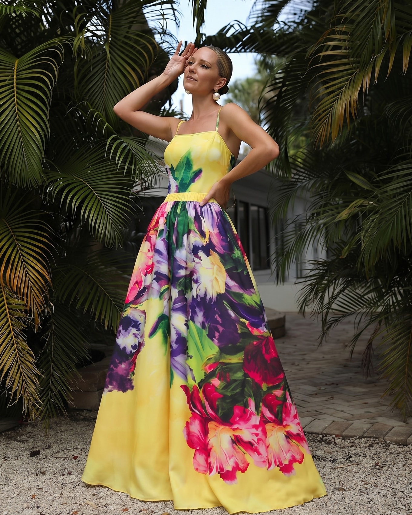 Yellow Oil Painting Flower Print Swimsuit and Sarong