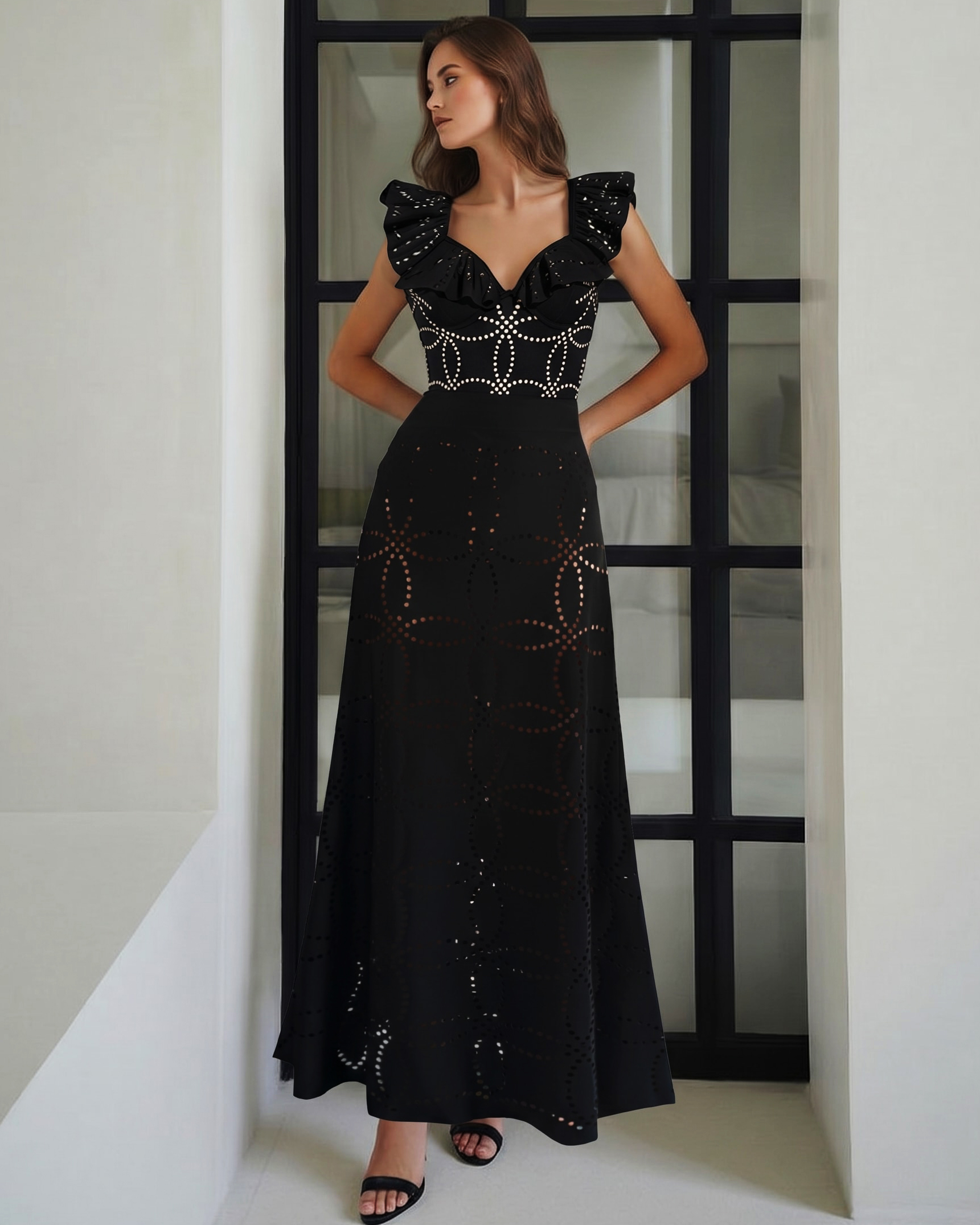 Underwired Black Ruffle Laser Cutting Flower One Piece Swimsuit and Skirt