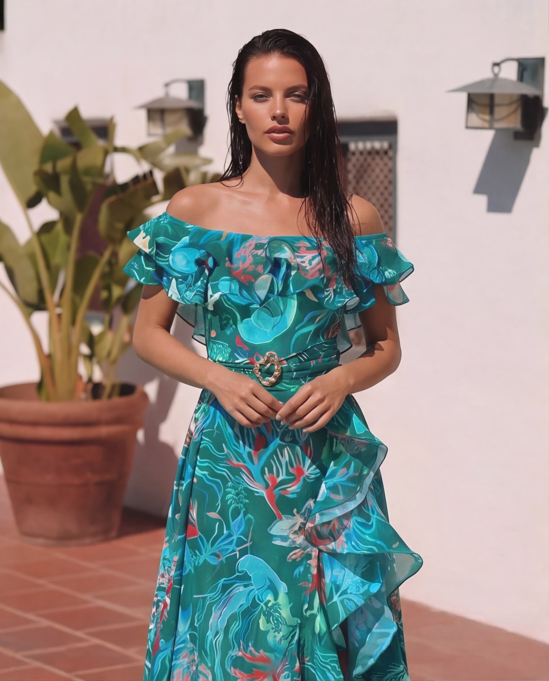 Removable Shoulder Strap Off Shoulder Marine Organism One Piece Swimsuit and Skirt