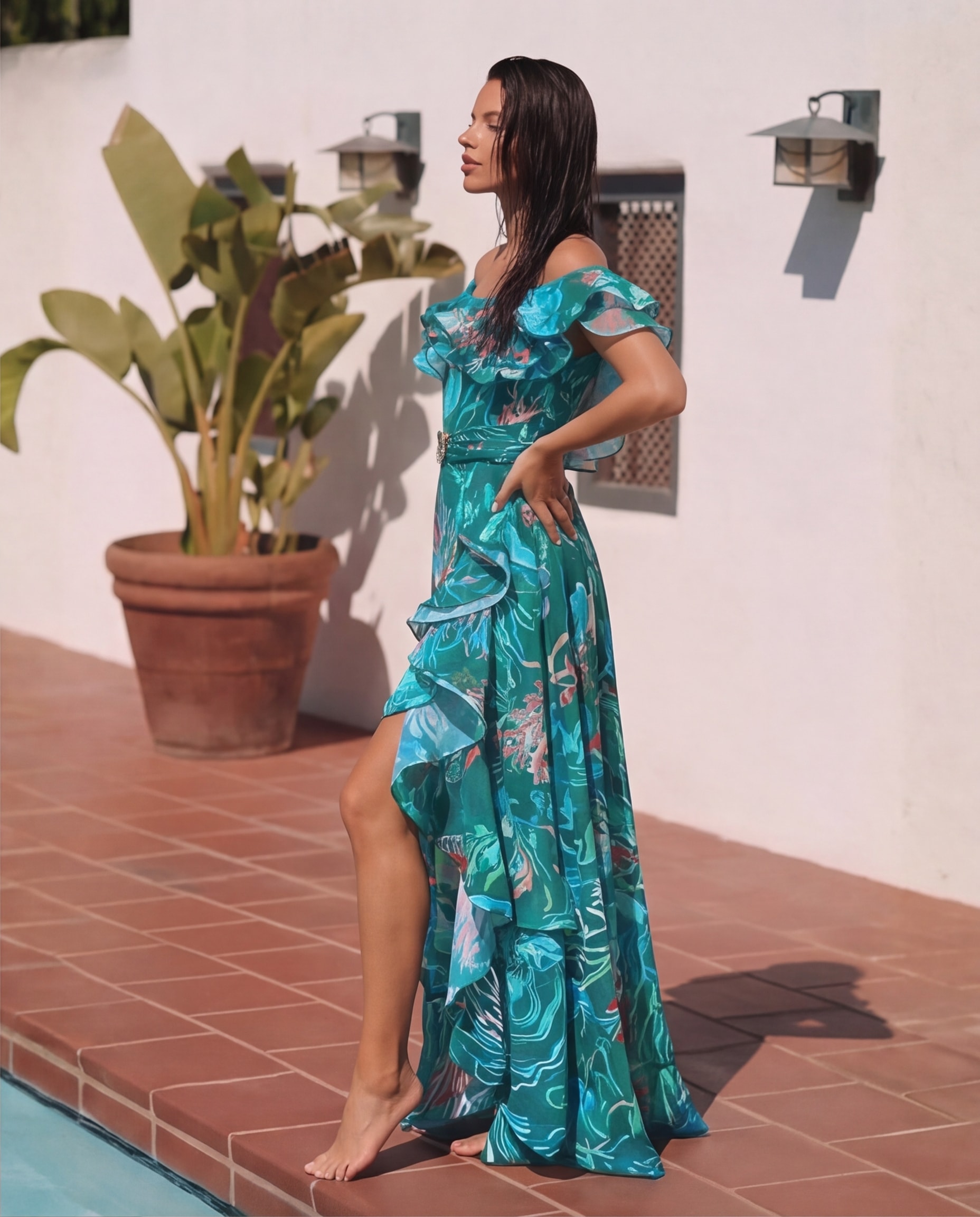 Removable Shoulder Strap Off Shoulder Marine Organism One Piece Swimsuit and Skirt