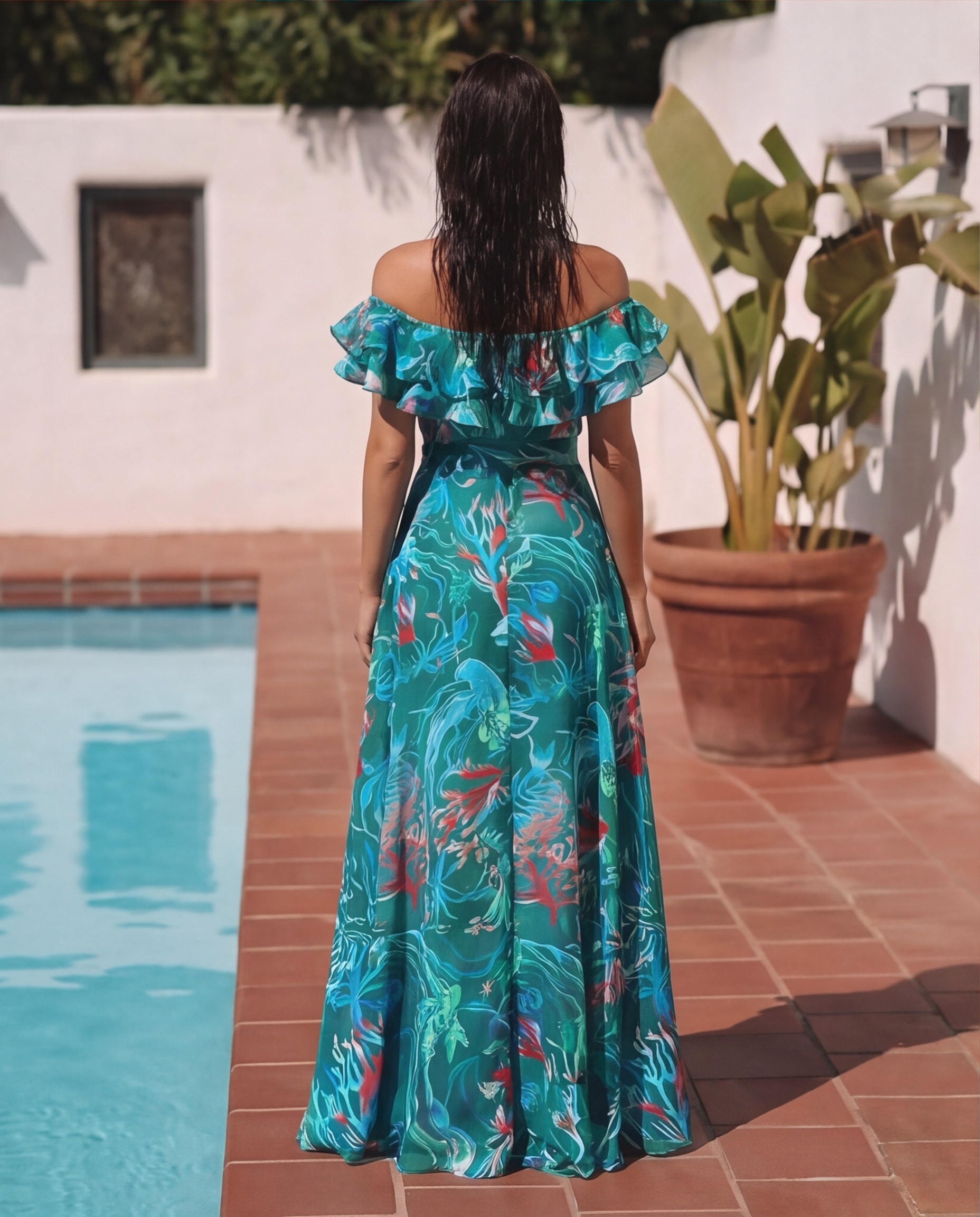 Removable Shoulder Strap Off Shoulder Marine Organism One Piece Swimsuit and Skirt