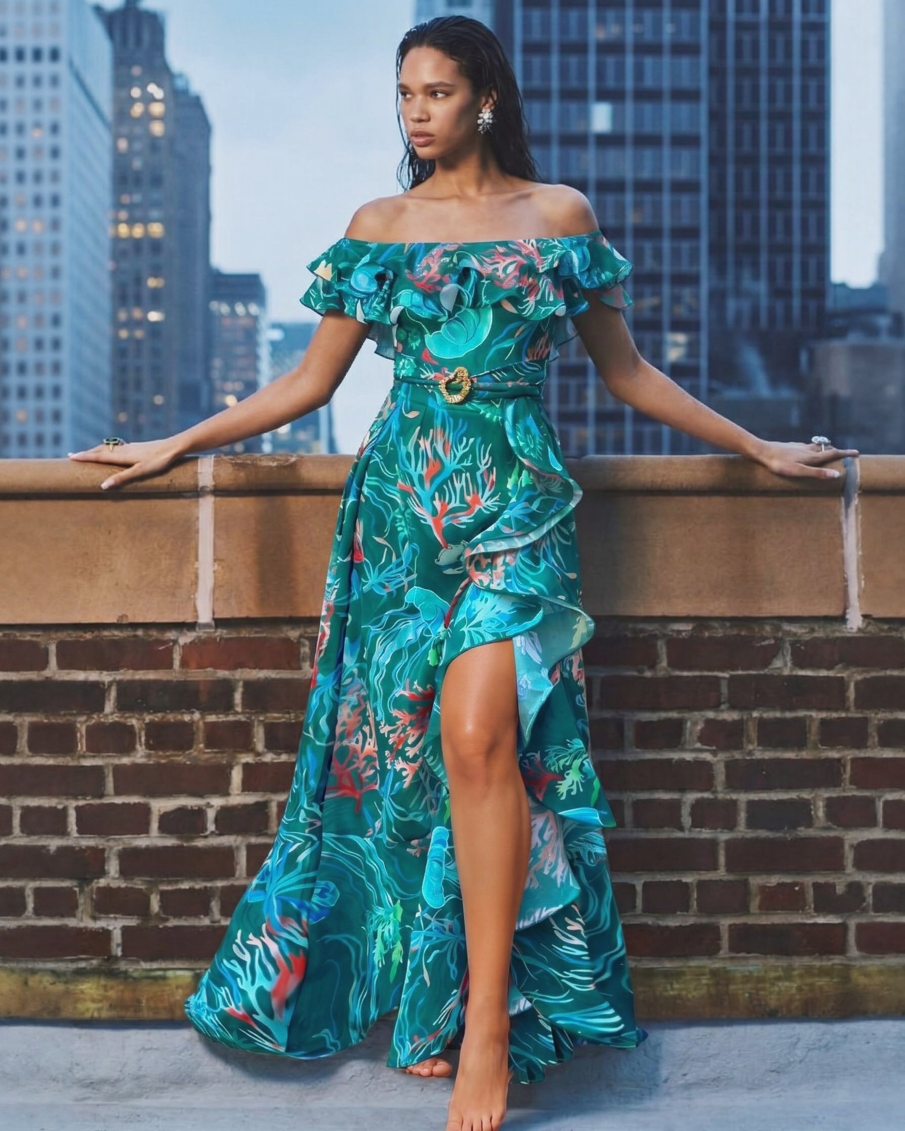 Removable Shoulder Strap Off Shoulder Marine Organism One Piece Swimsuit and Skirt