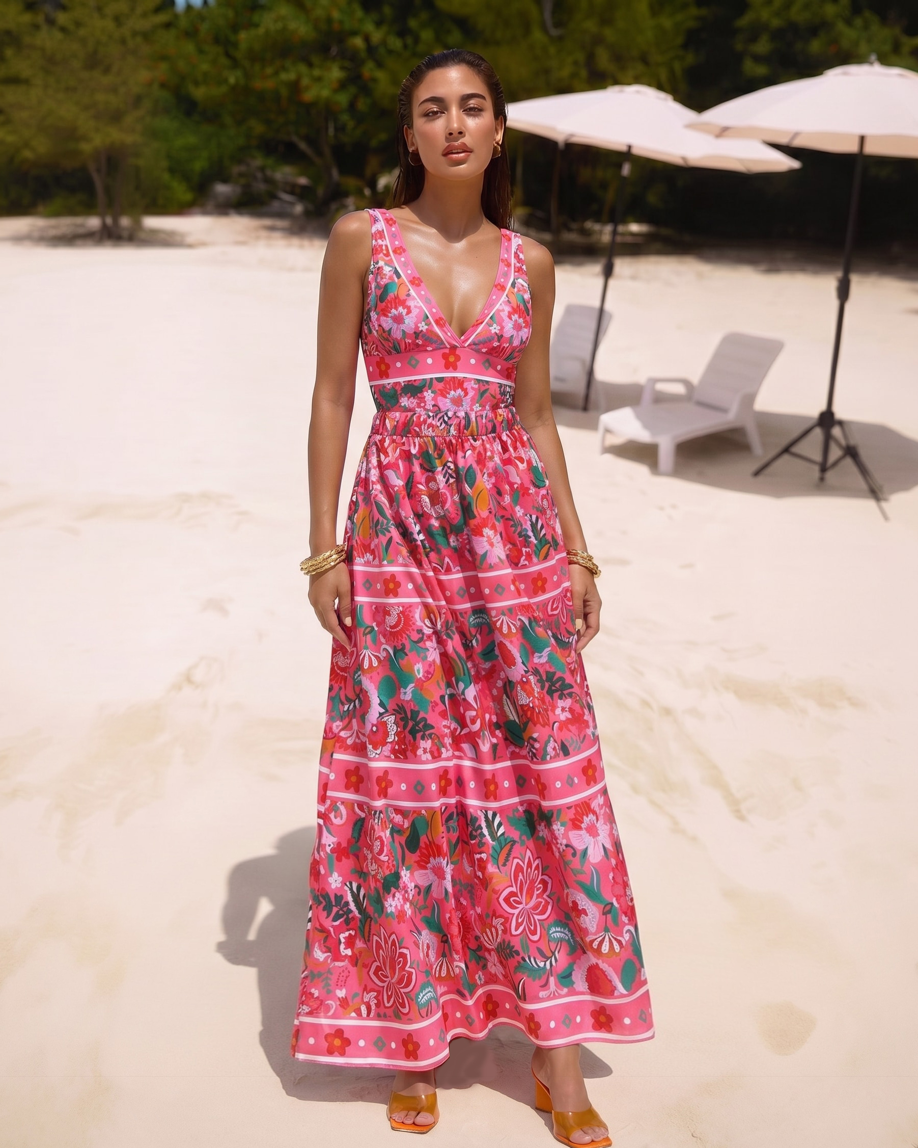 Pink Floral Paradise Print V-neck One Piece Swimsuit and Skirt