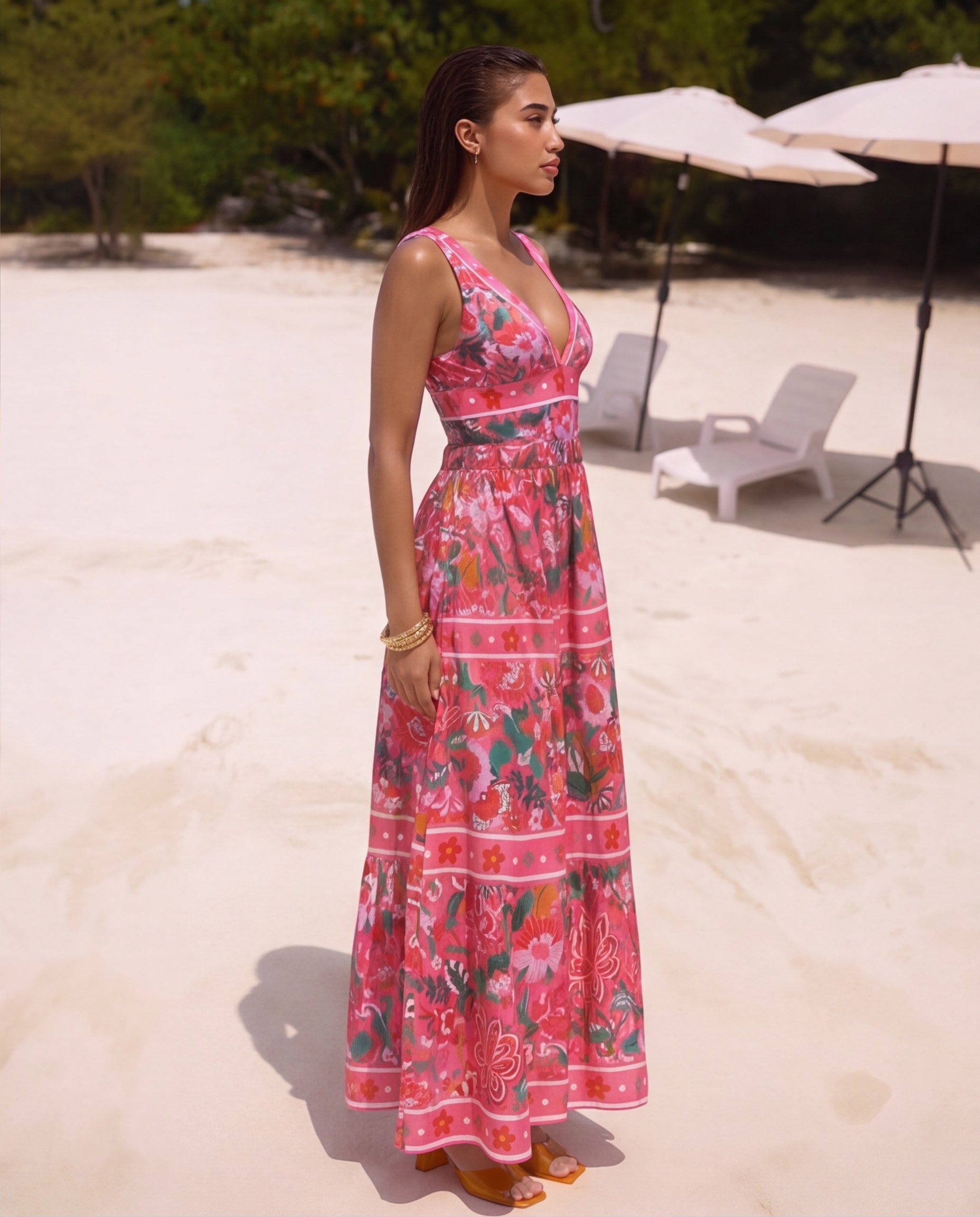 Pink Floral Paradise Print V-neck One Piece Swimsuit and Skirt