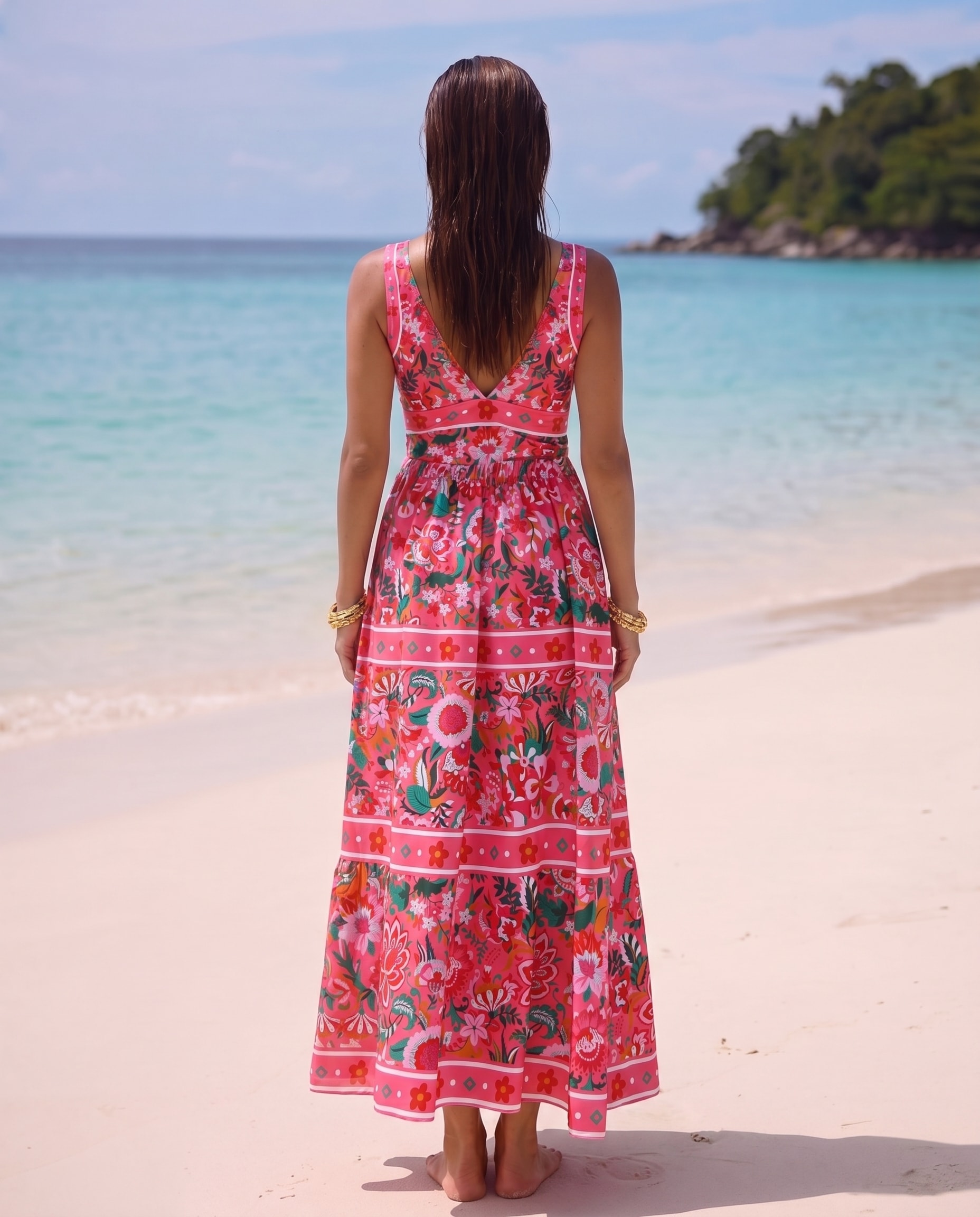 Pink Floral Paradise Print V-neck One Piece Swimsuit and Skirt