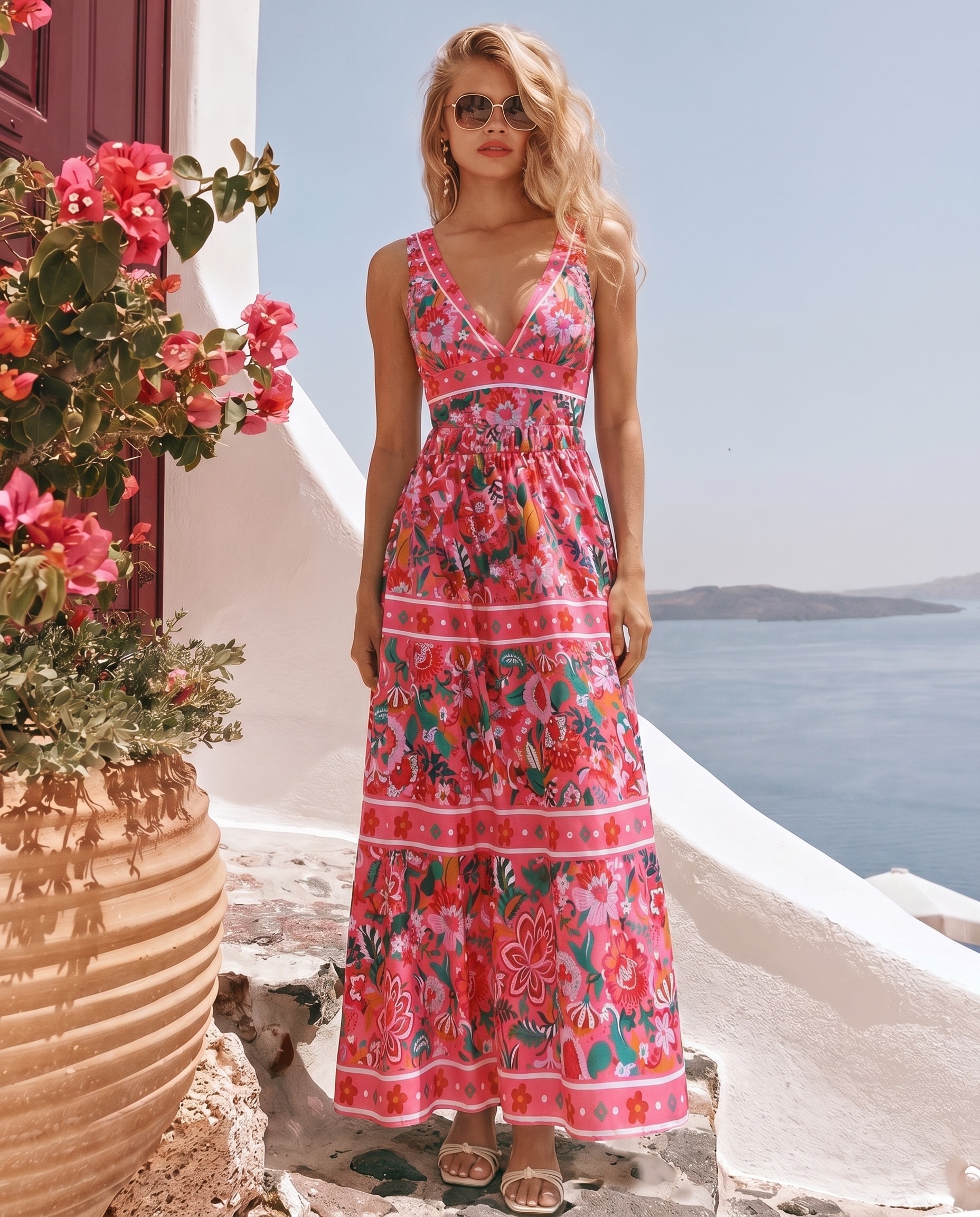 Pink Floral Paradise Print V-neck One Piece Swimsuit and Skirt