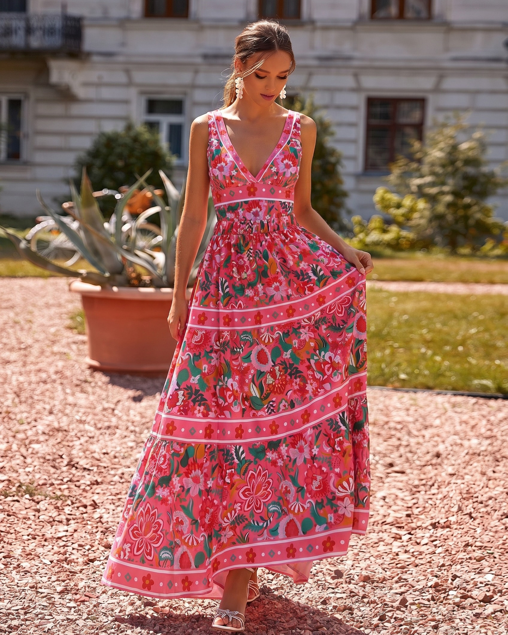 Pink Floral Paradise Print V-neck One Piece Swimsuit and Skirt