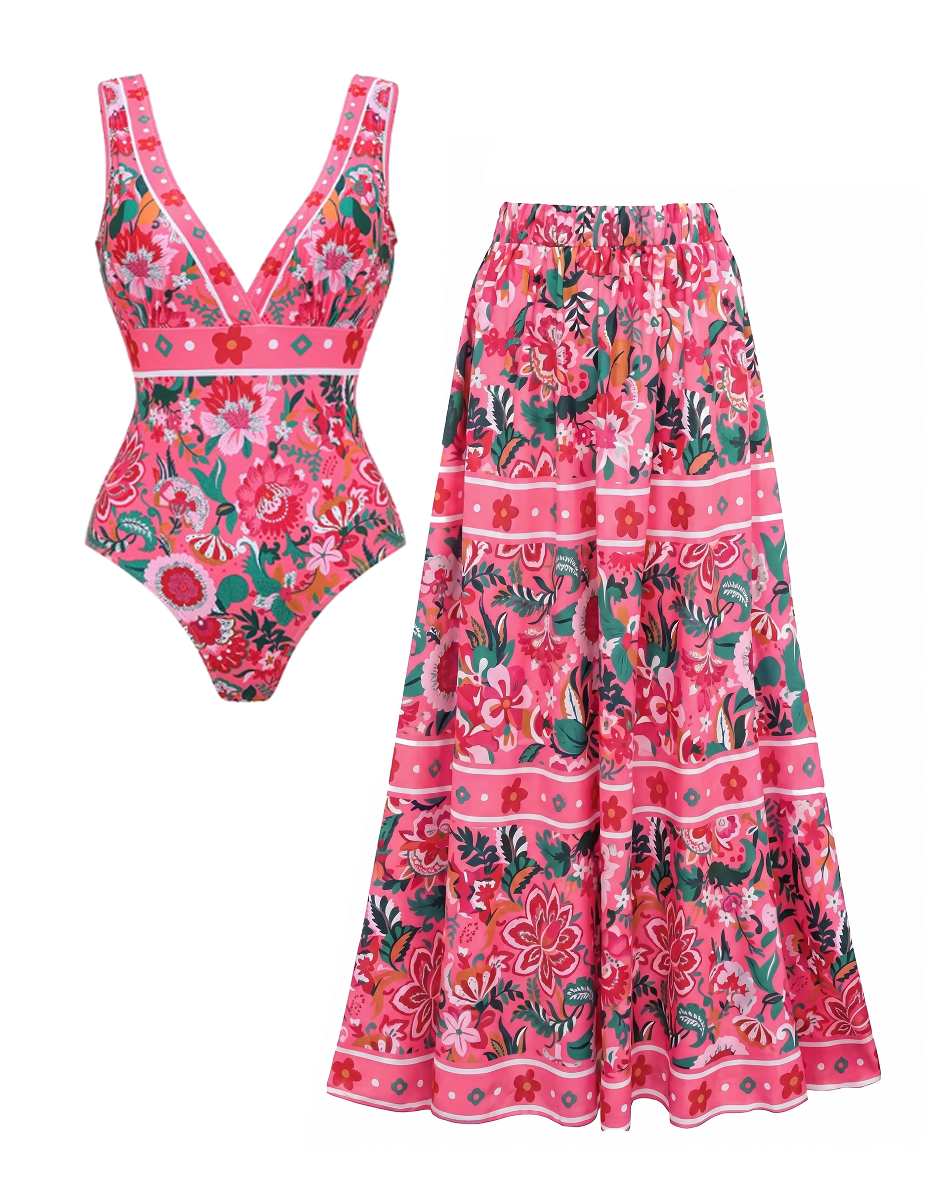 Pink Floral Paradise Print V-neck One Piece Swimsuit and Skirt