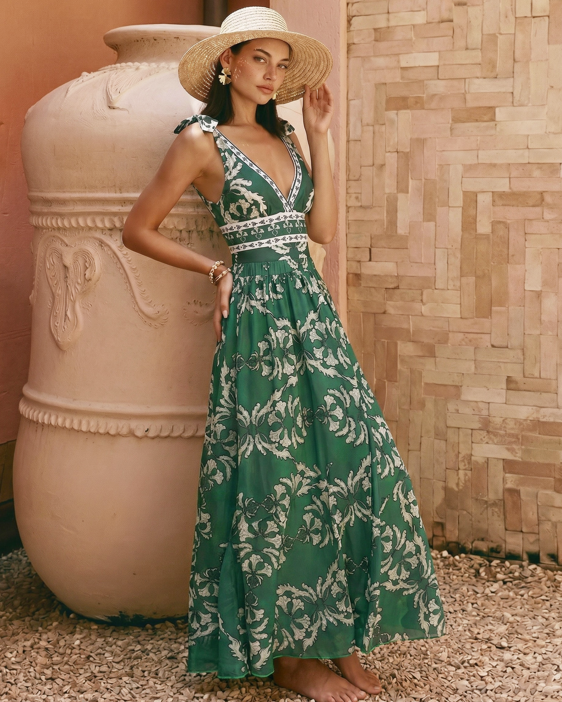 V Neck Lace Up Printed One Piece Swimsuit and Skirt