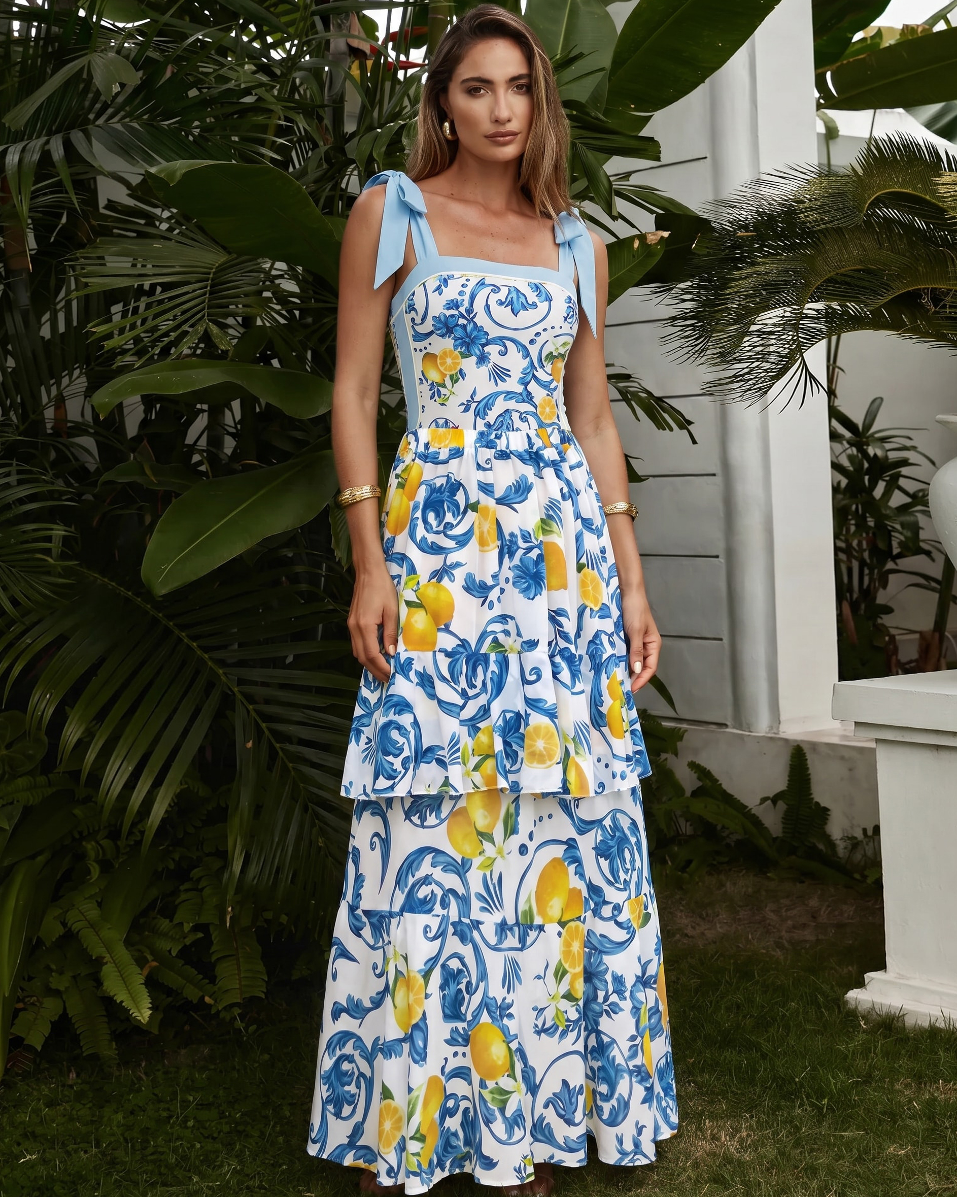 Lemon Print Tie-shoulder One Piece Swimsuit and Sarong or Skirt Flaxmaker