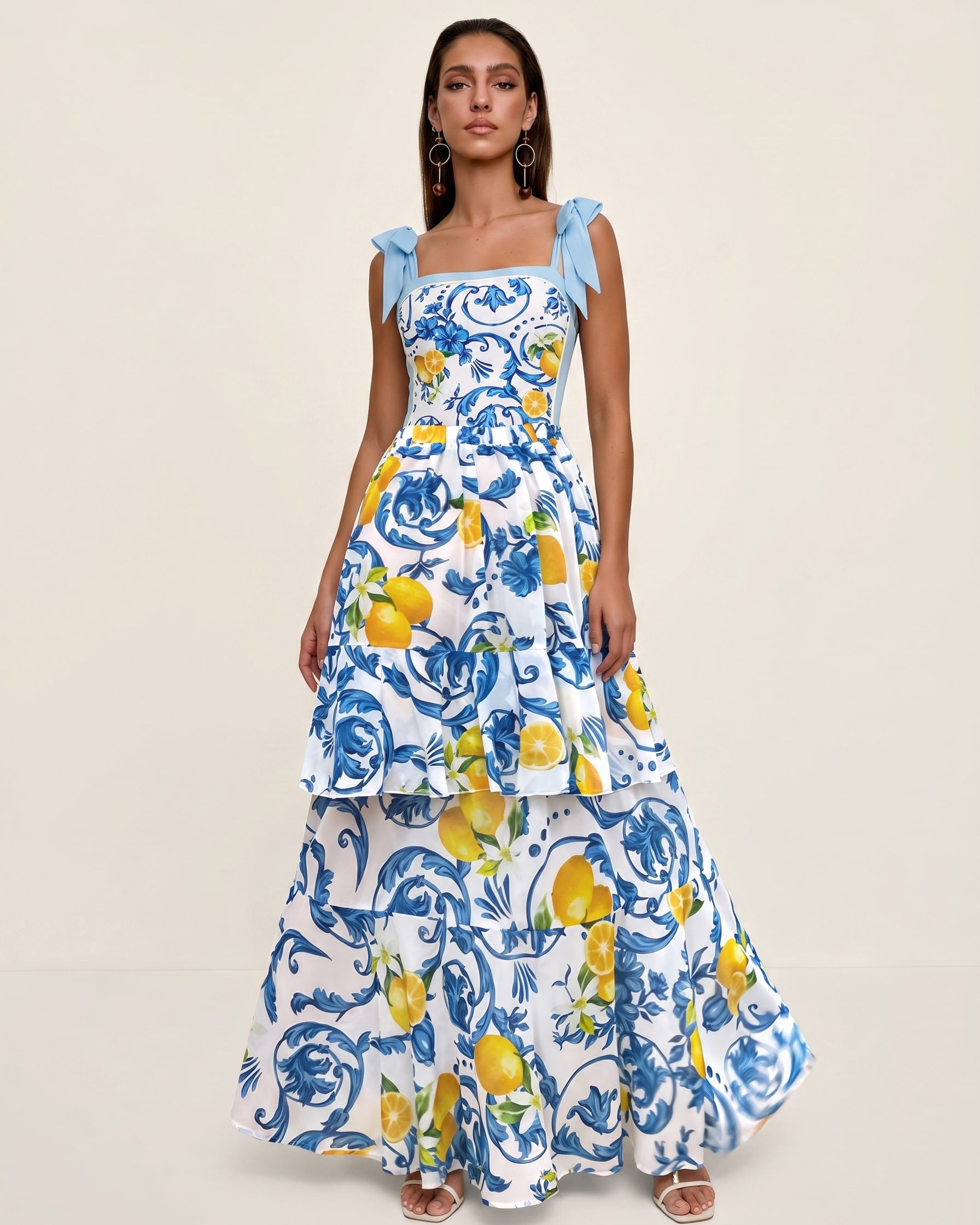 Lemon Print Tie-shoulder One Piece Swimsuit and Sarong or Skirt Flaxmaker
