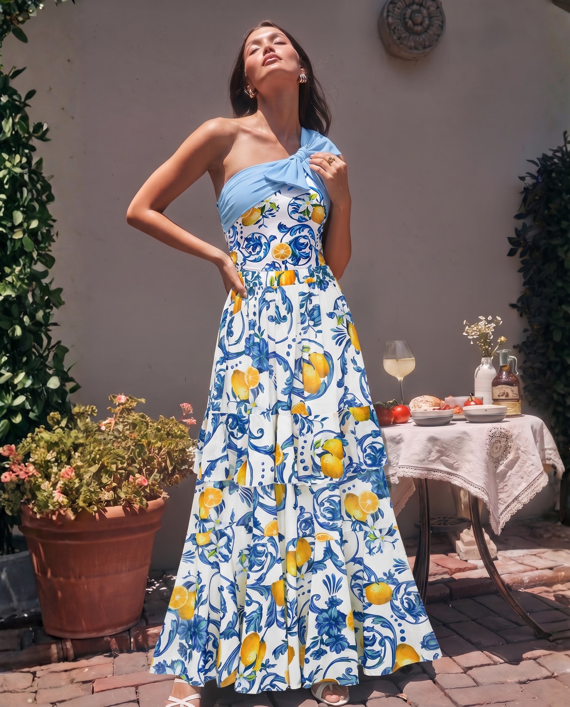 Lemon Print One Shoulder One Piece Swimsuit and Sarong or Skirt Flaxmaker