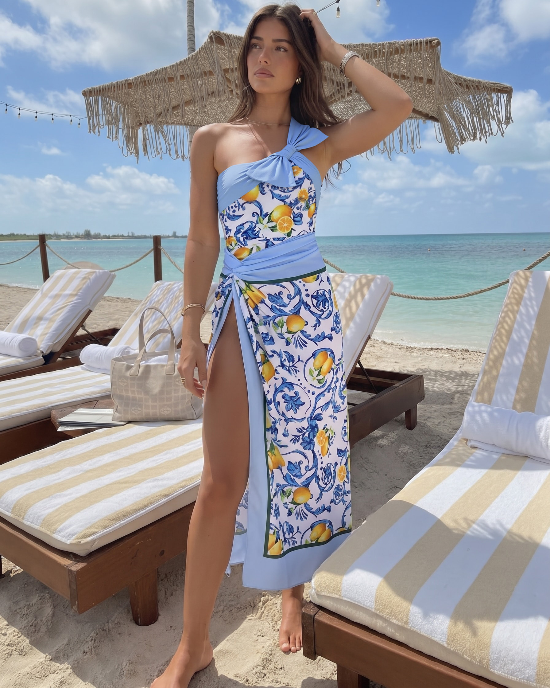 Lemon Print One Shoulder One Piece Swimsuit and Sarong or Skirt Flaxmaker