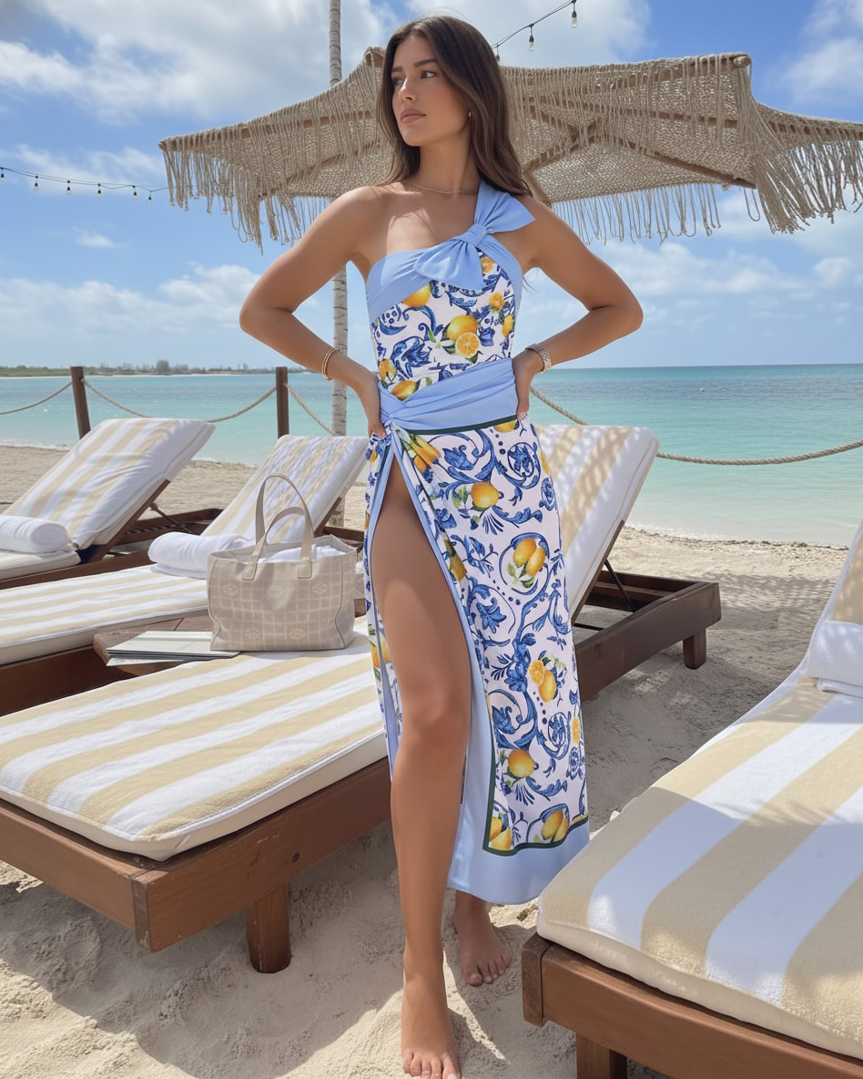 Lemon Print One Shoulder One Piece Swimsuit and Sarong or Skirt Flaxmaker