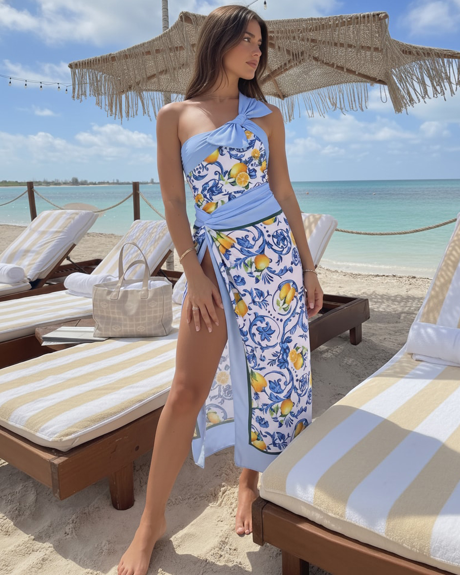 Lemon Print One Shoulder One Piece Swimsuit and Sarong or Skirt Flaxmaker