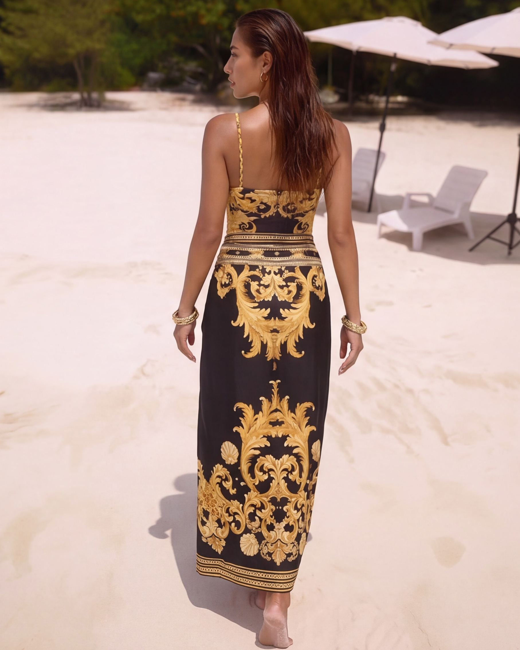 Vintage Black Gold Baroque Print Metal chain small V-neck One Piece Swimsuit and Skirt