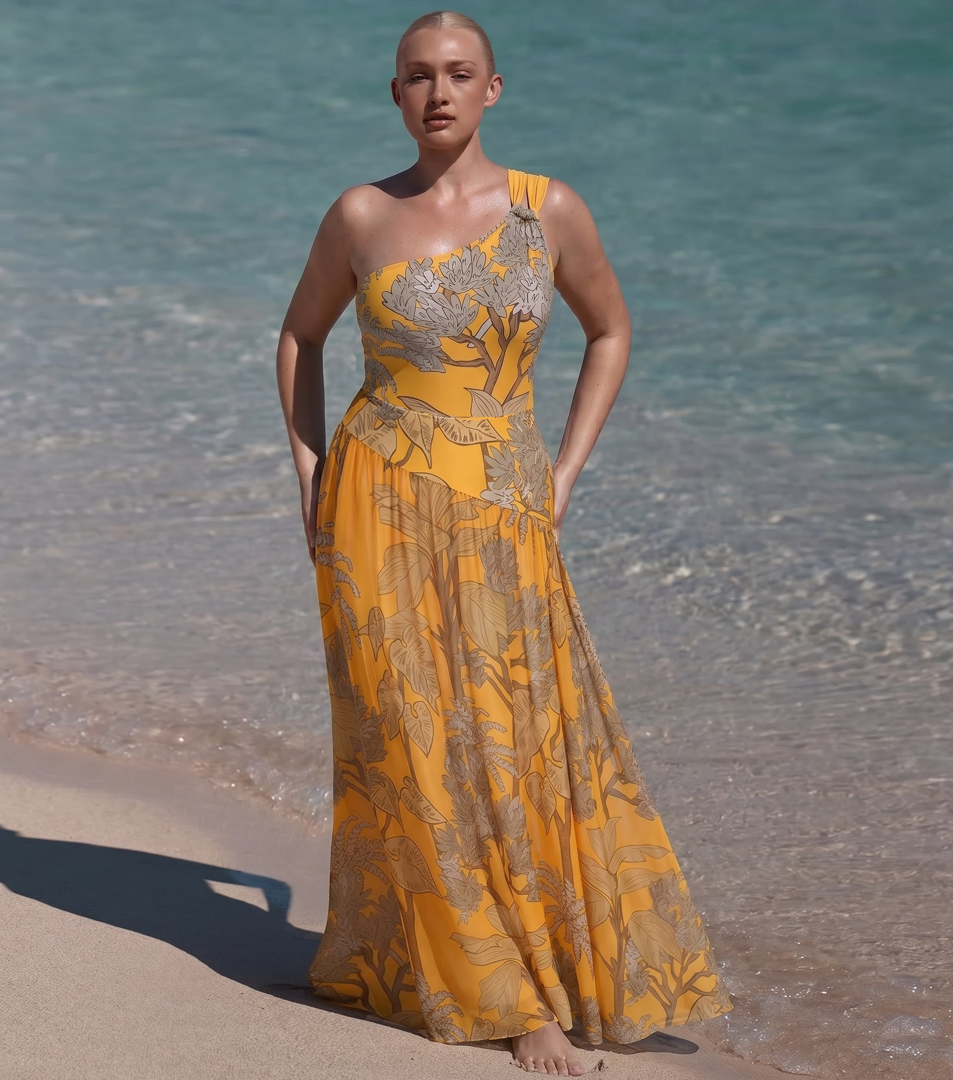 One Shoulder Yellow Printed Swimsuit Set(s)