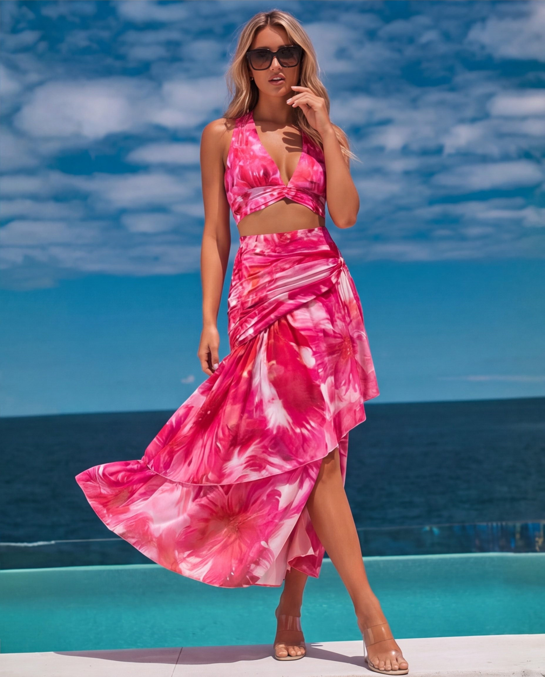Floral Printed Halter Bikini Swimsuit and Skirt