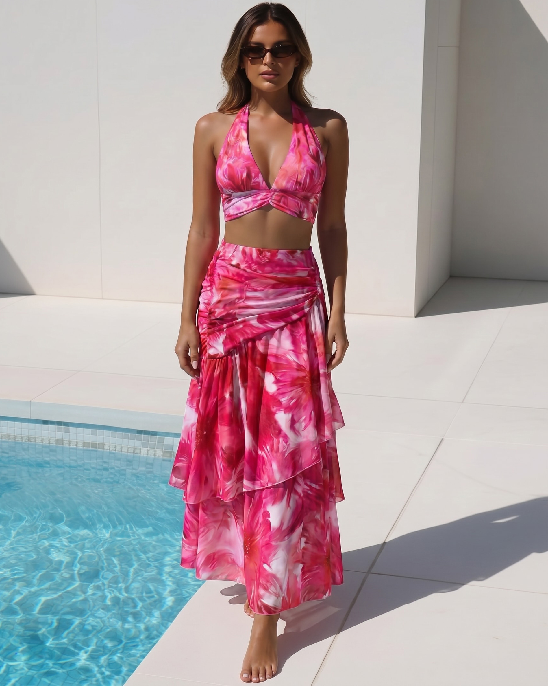 Floral Printed Halter Bikini Swimsuit and Skirt