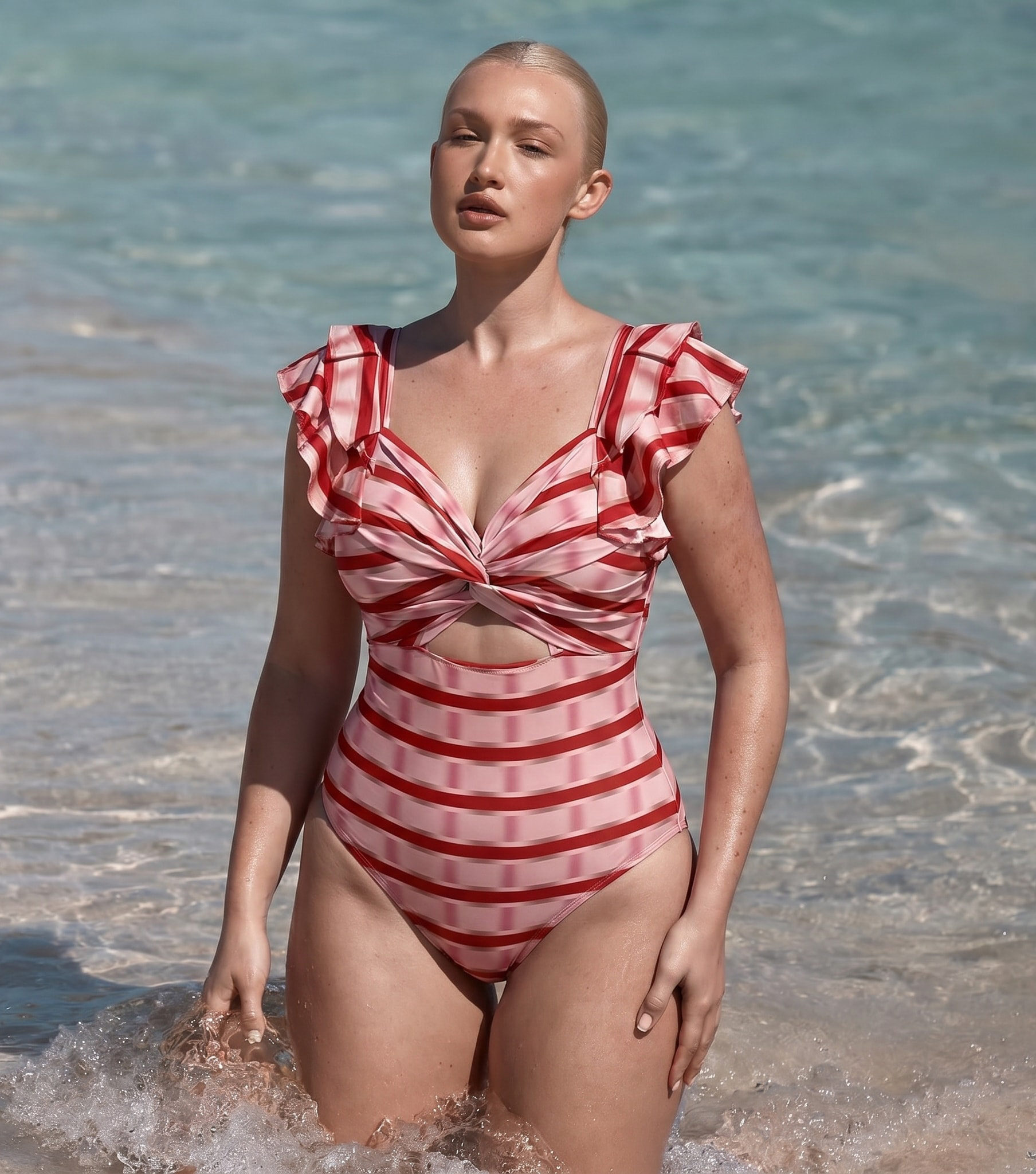 Plus Size Ruffle Red Striped Printed Cut Out One Piece Swimsuit and Skirt