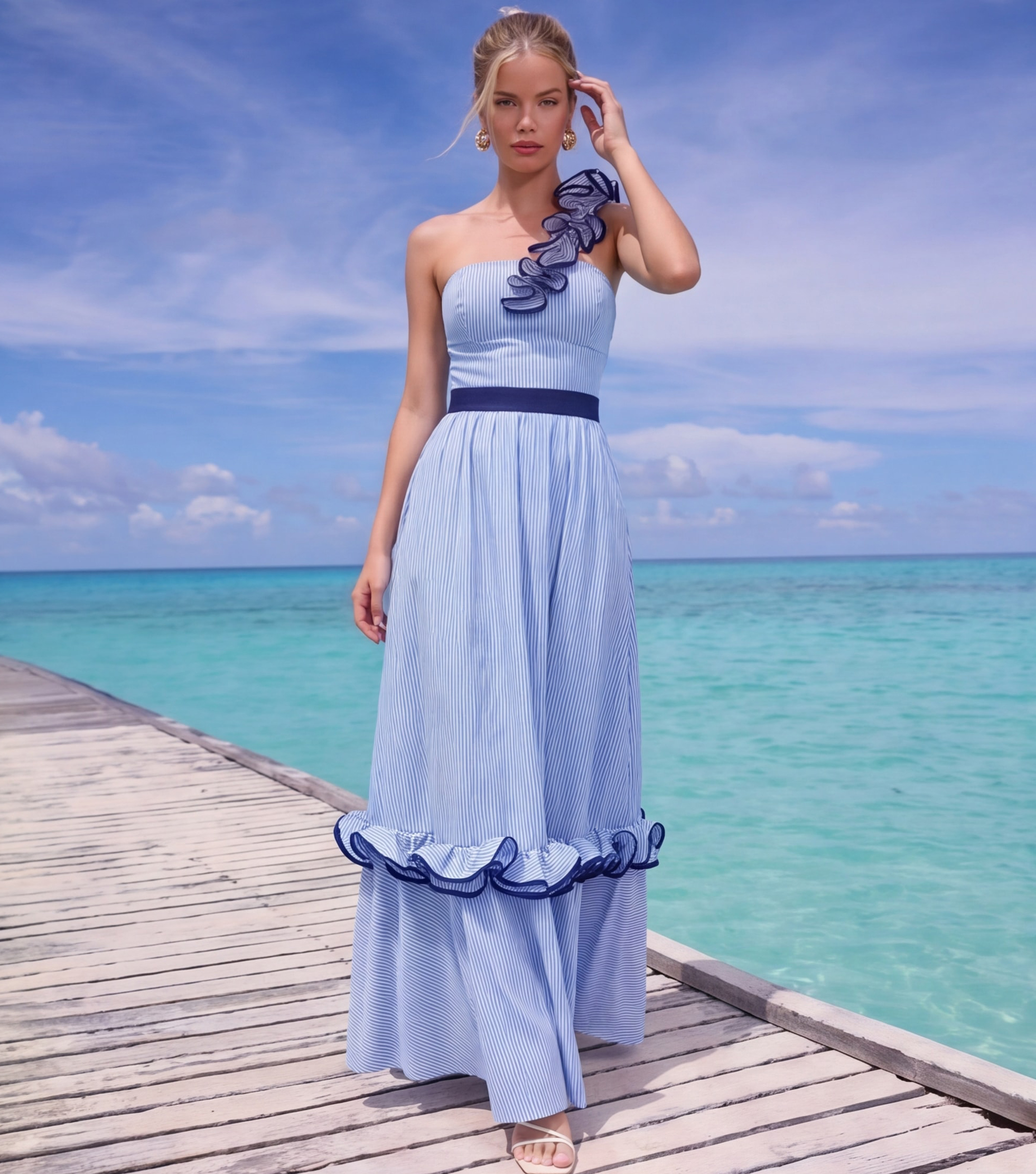 One Shoulder Ruffle Stripe Print One Piece Swimsuit and Skirt
