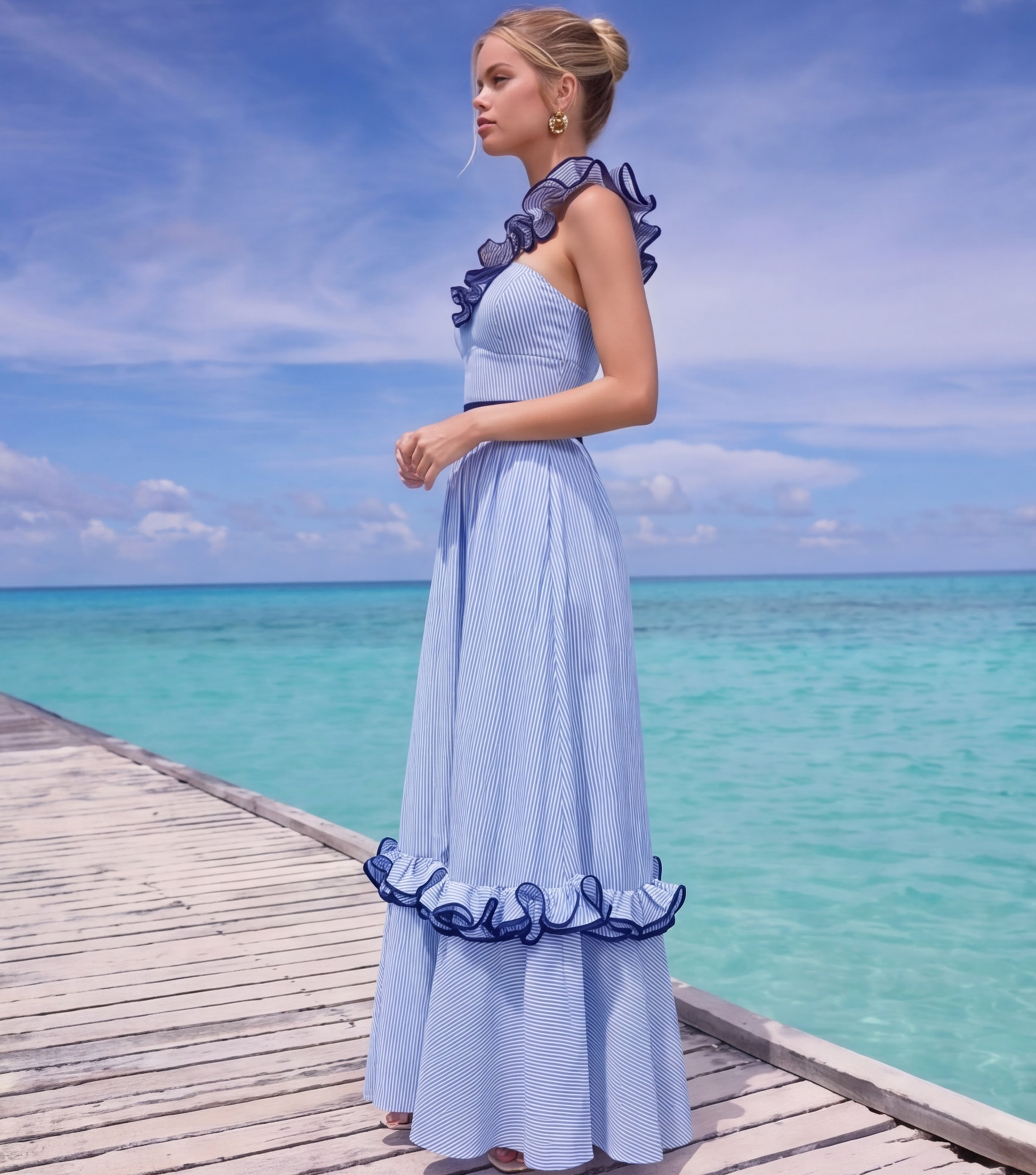 One Shoulder Ruffle Stripe Print One Piece Swimsuit and Skirt