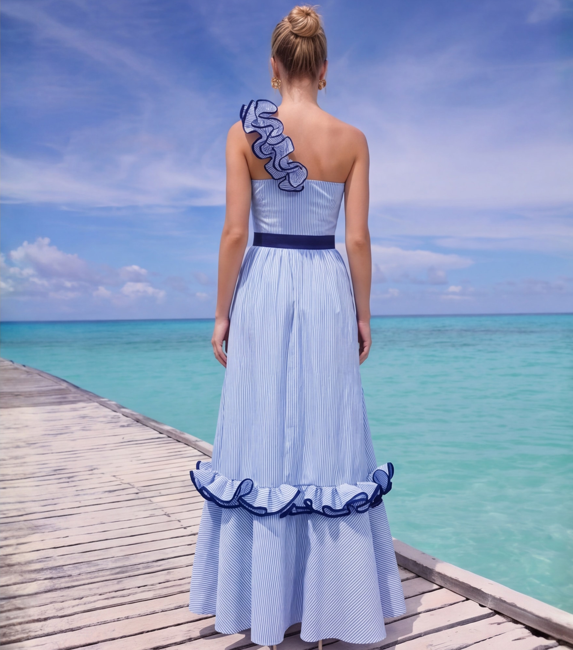 One Shoulder Ruffle Stripe Print One Piece Swimsuit and Skirt