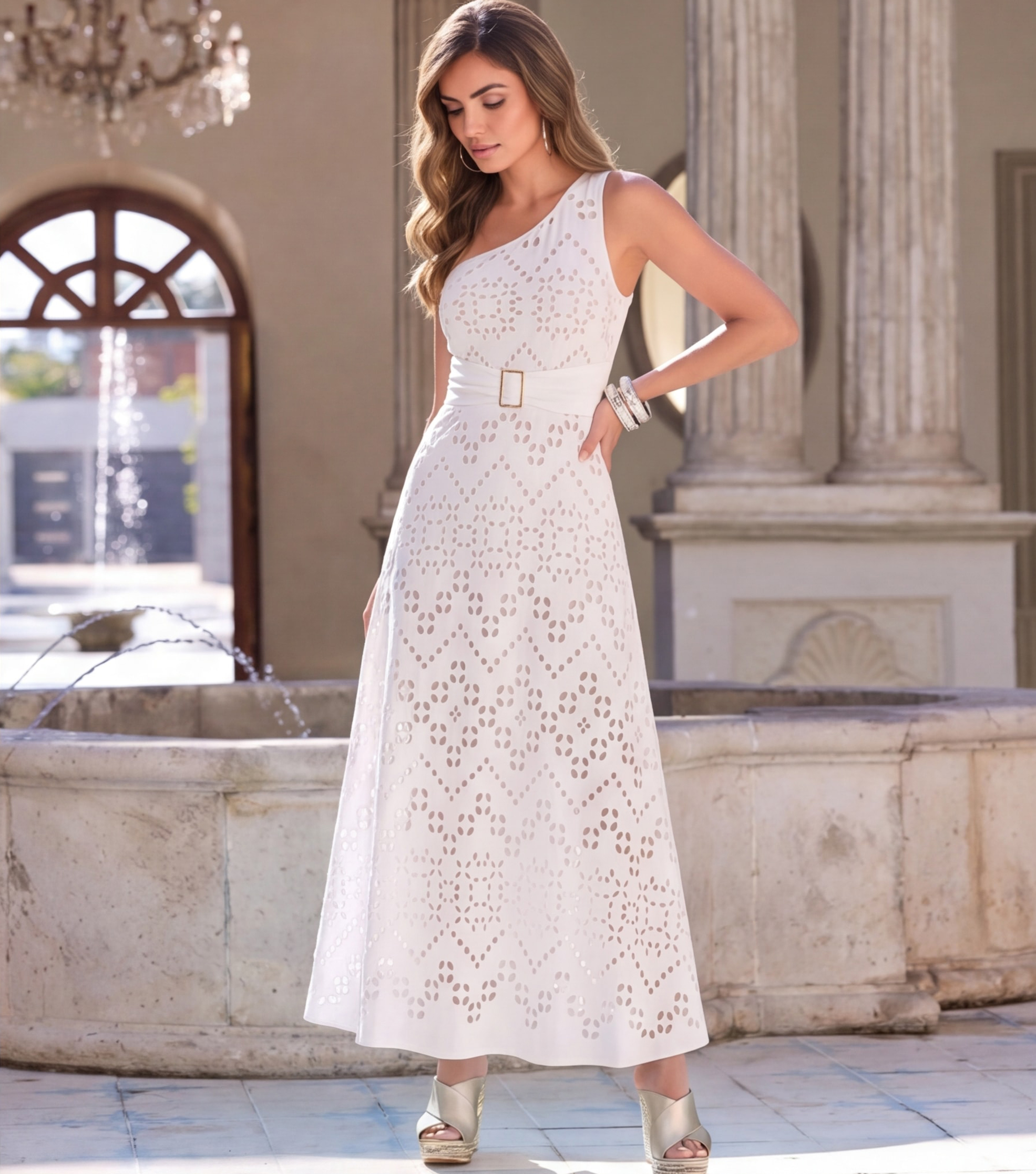 One Shoulder White Laser Cutting Flower Swimsuit Set(s)