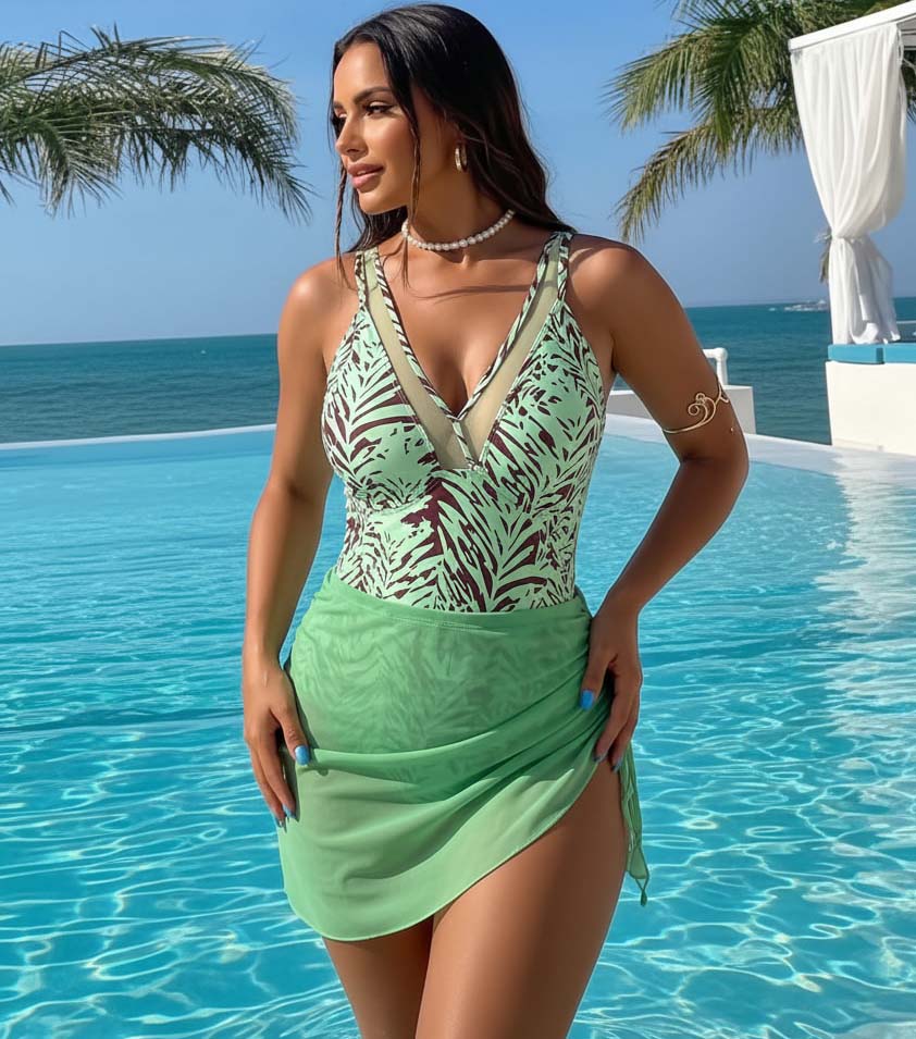 Plus Size V Neck Leaves Print Tummy Control Slimming Mesh Sheer Sarong Wraps Bathing Suit Swim Dress
