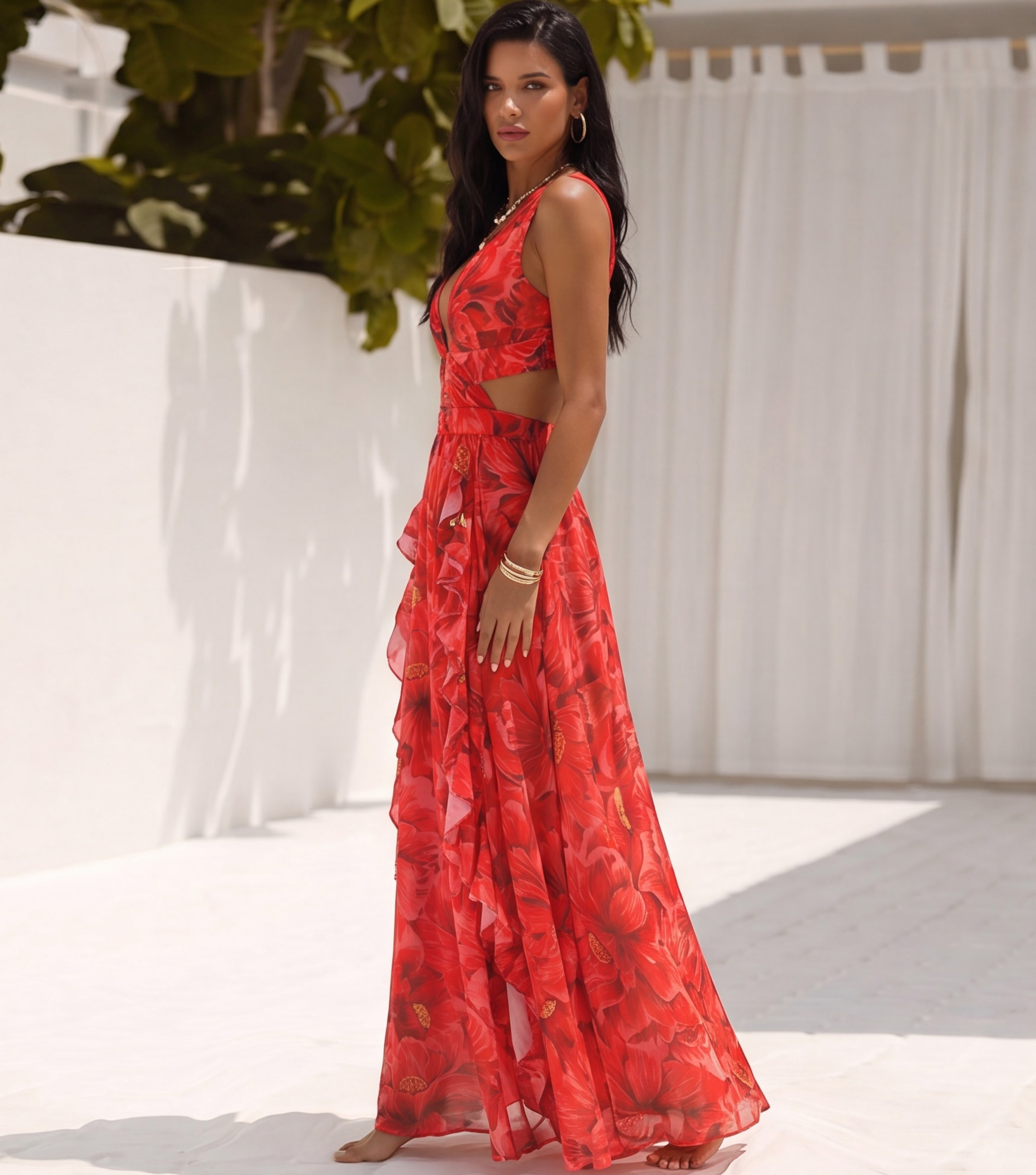 Blooming Red Flower Print Cut Out One Piece Swimsuit and Skirt