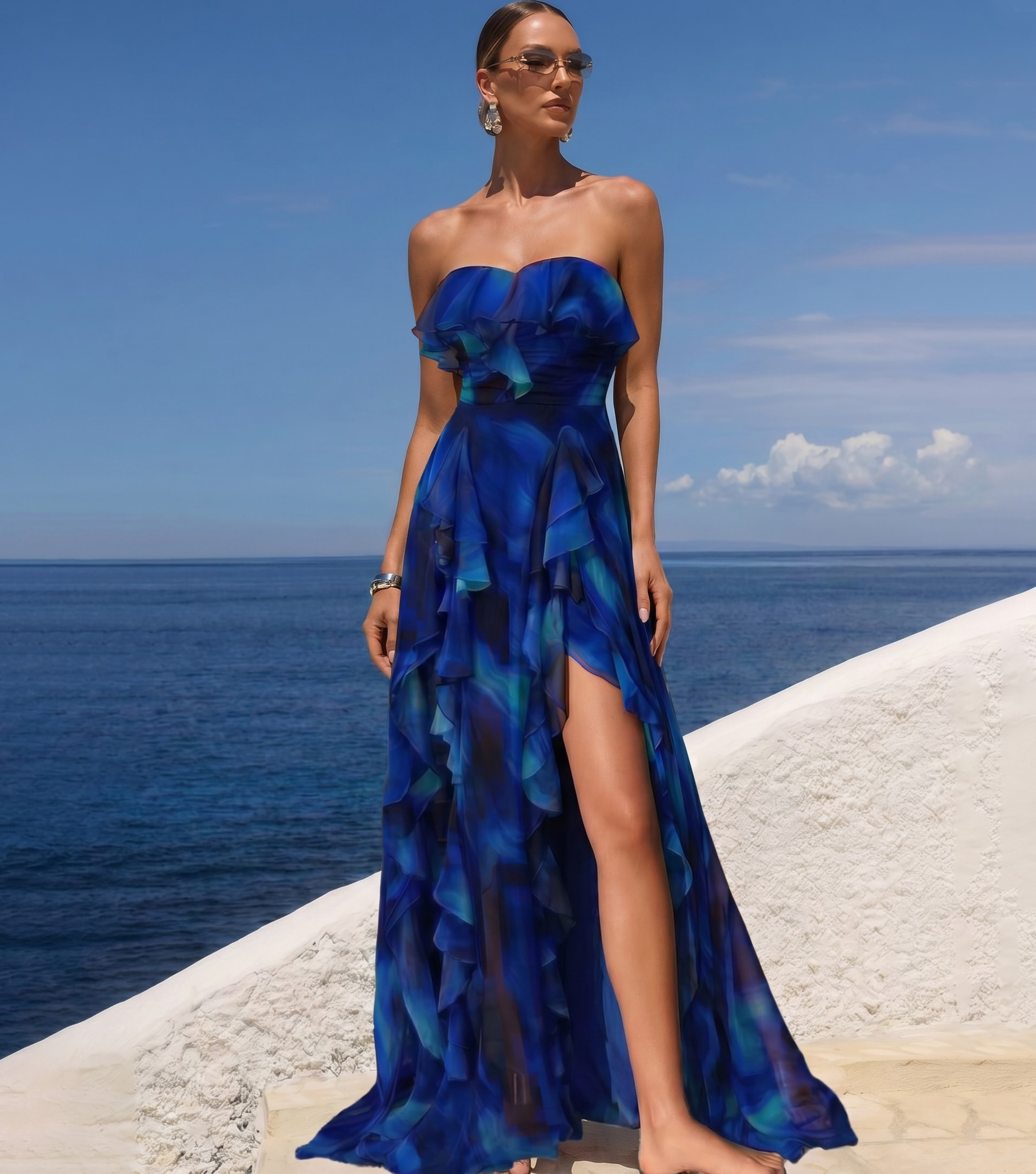 Blue Blooming Ruffle One Piece Swimsuit and Skirt