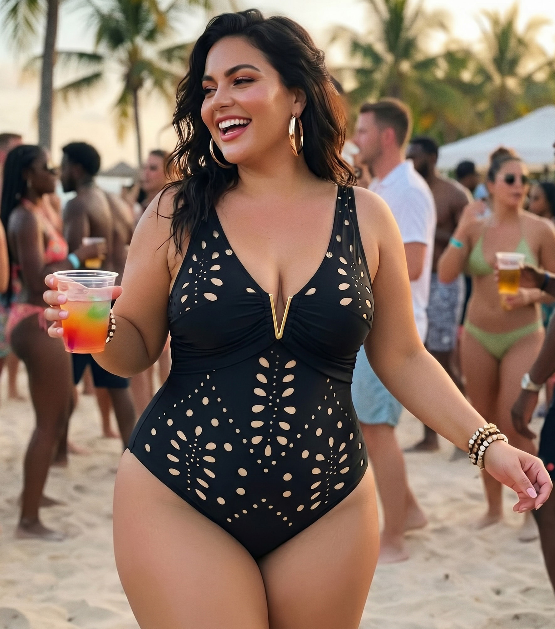 Plus Size V Neck Black Laser Cutting Flower Swimsuit Set(s)