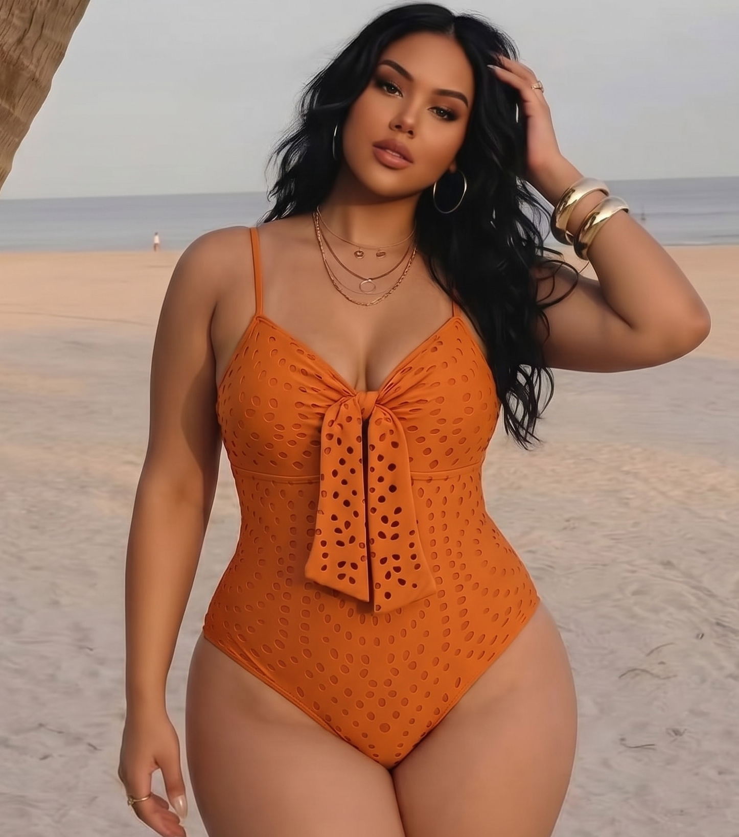 Plus Size Sling Cut Out Bow Tie One Piece Swimsuit and Skirt