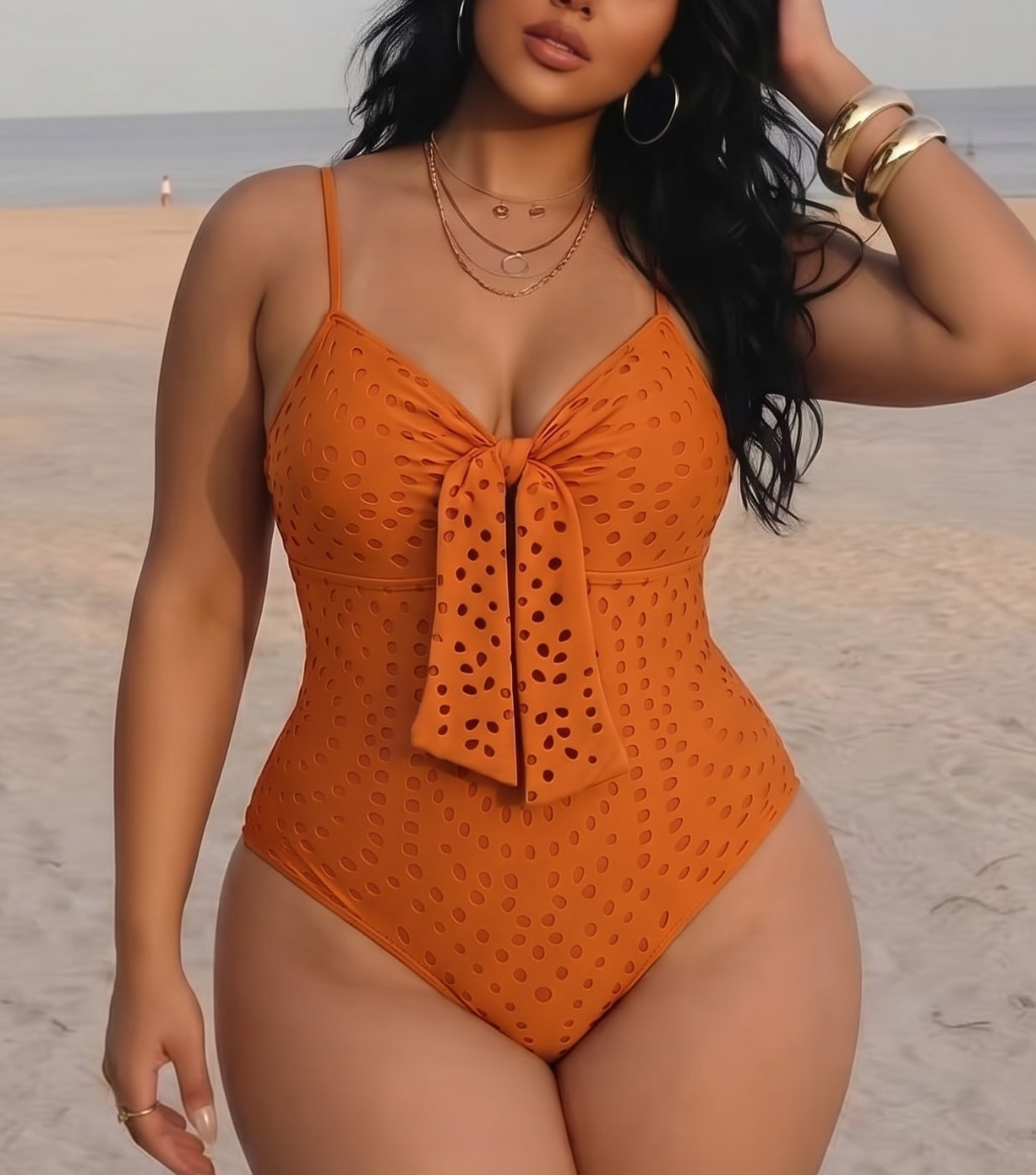 Plus Size Sling Cut Out Bow Tie One Piece Swimsuit and Skirt