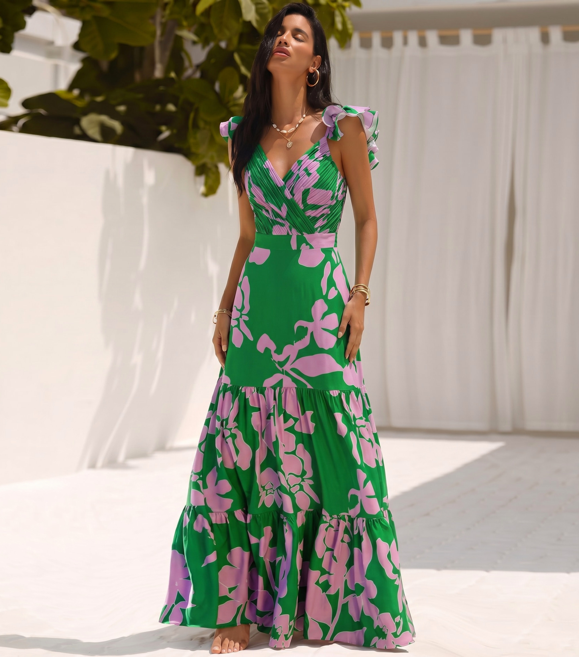 Ruffled Strap Printed One Piece Swimsuit and Skirt Flaxmaker